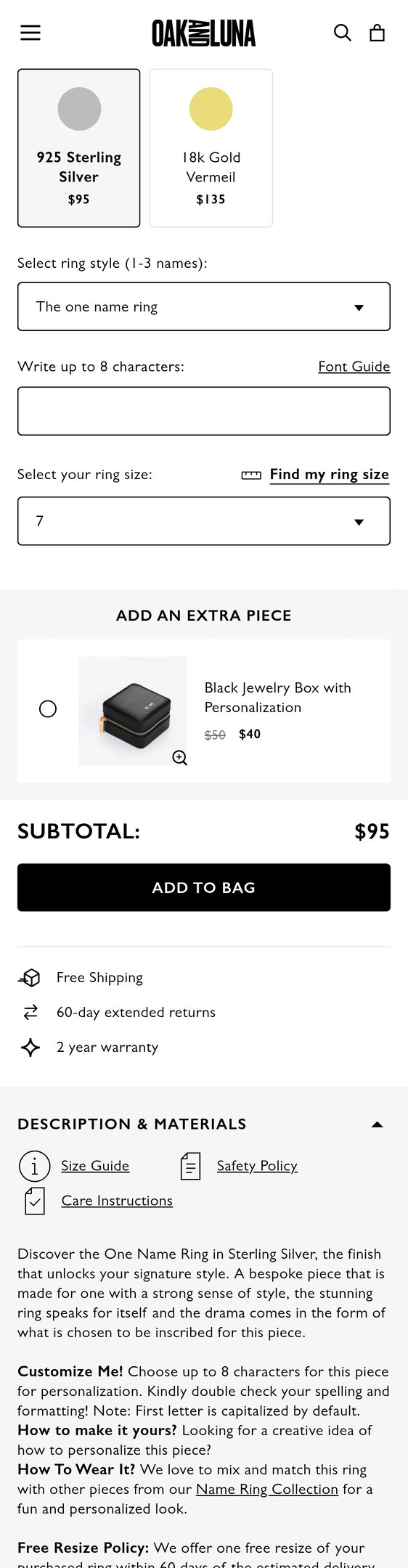 Jewelry product options include: ring for The One Name Ring - Silver from Oak & Luna.
