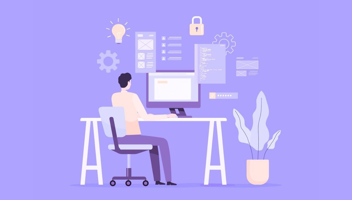 Illustration of a person sitting at a desk working on a computer, surrounded by icons like wireframes, code snippets, a light bulb, gears, a padlock, and a password field—representing the deeper problem‑solving, design thinking, and security‑minded skills that make engineers stand out beyond their tech stack.