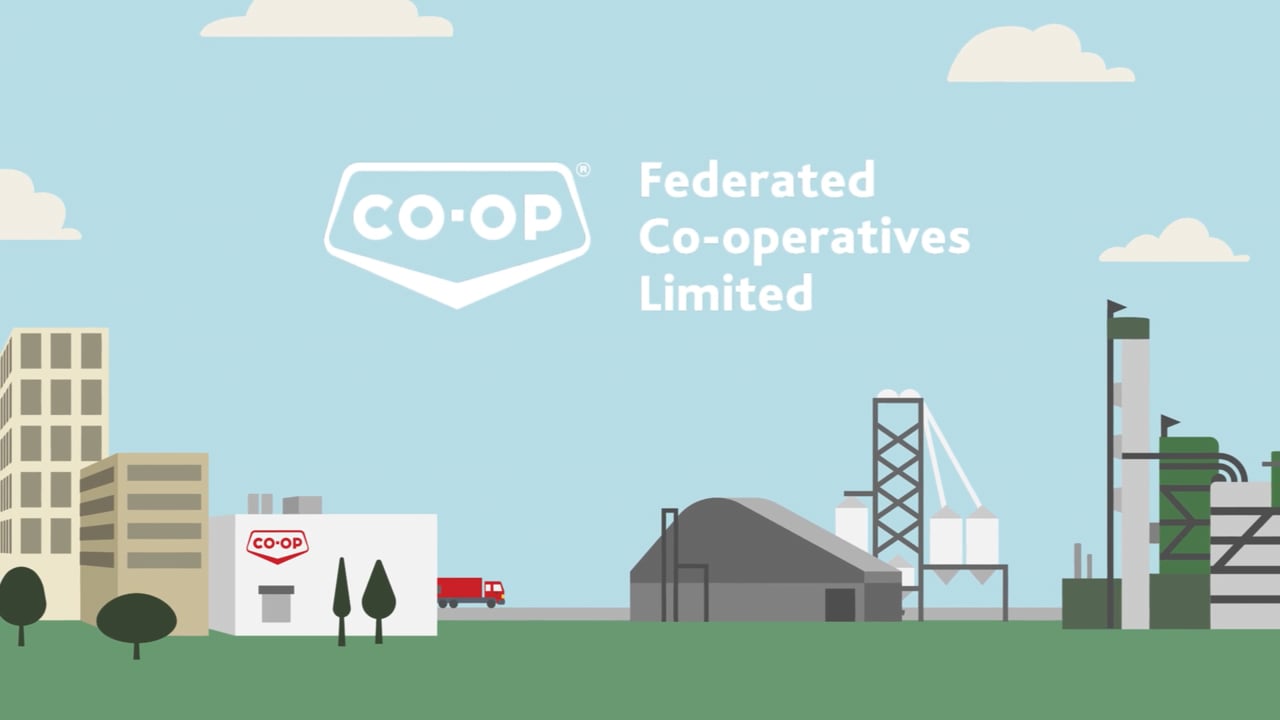 Illustration showing buildings associated with FCL’s company structure. Text reads “Federated Co-operatives Limited”.