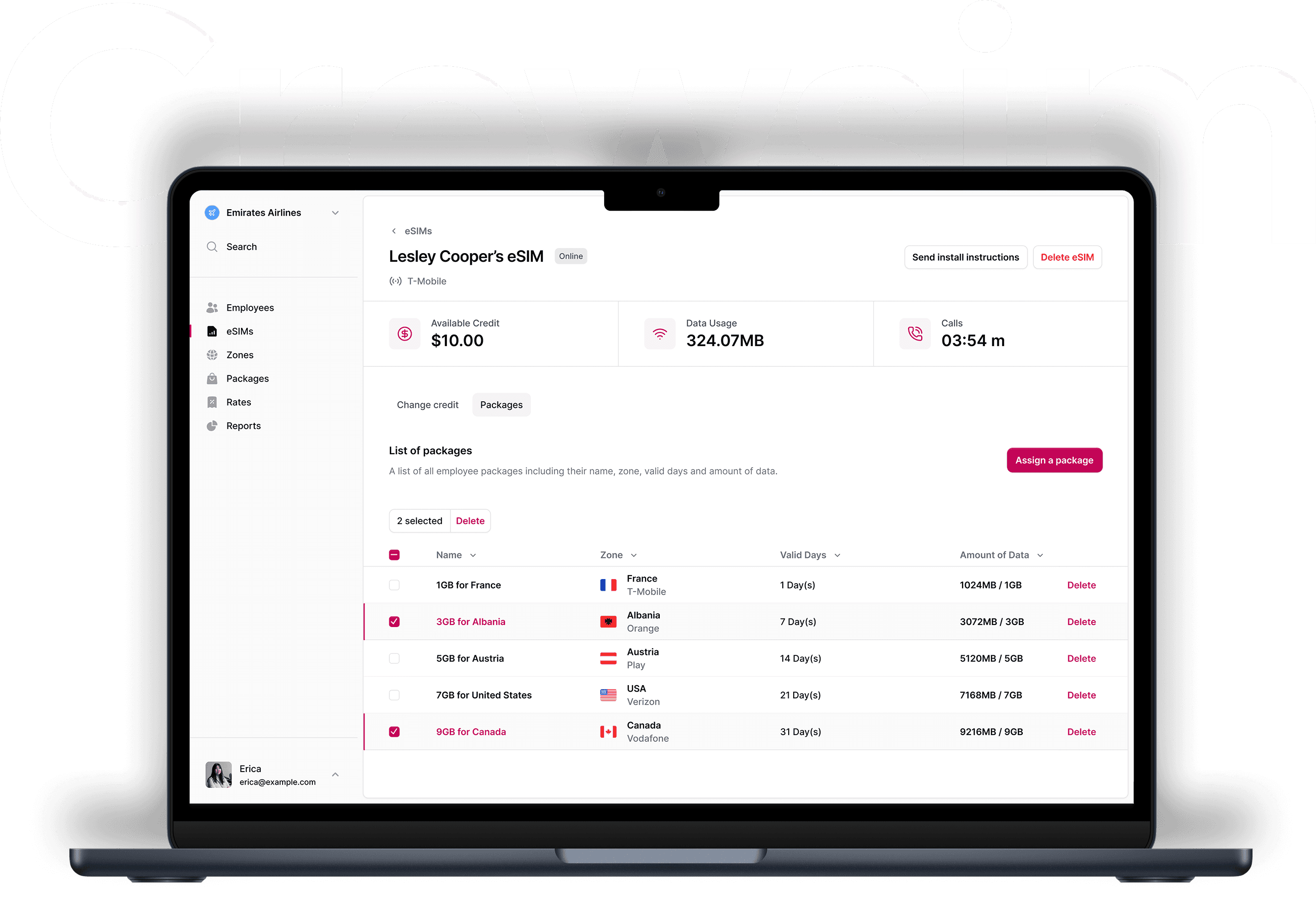 Ноутбук с интерфейсом управления eSIM Crewsim, отображающим данные пользователя, баланс, тарифные планы и информацию об использовании. Минималистичный и лаконичный дизайн.