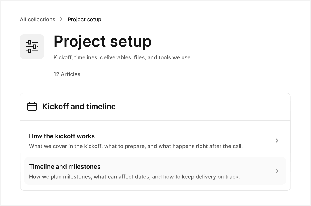 Agency help center section for project setup including kickoff timelines and project milestones documentation.