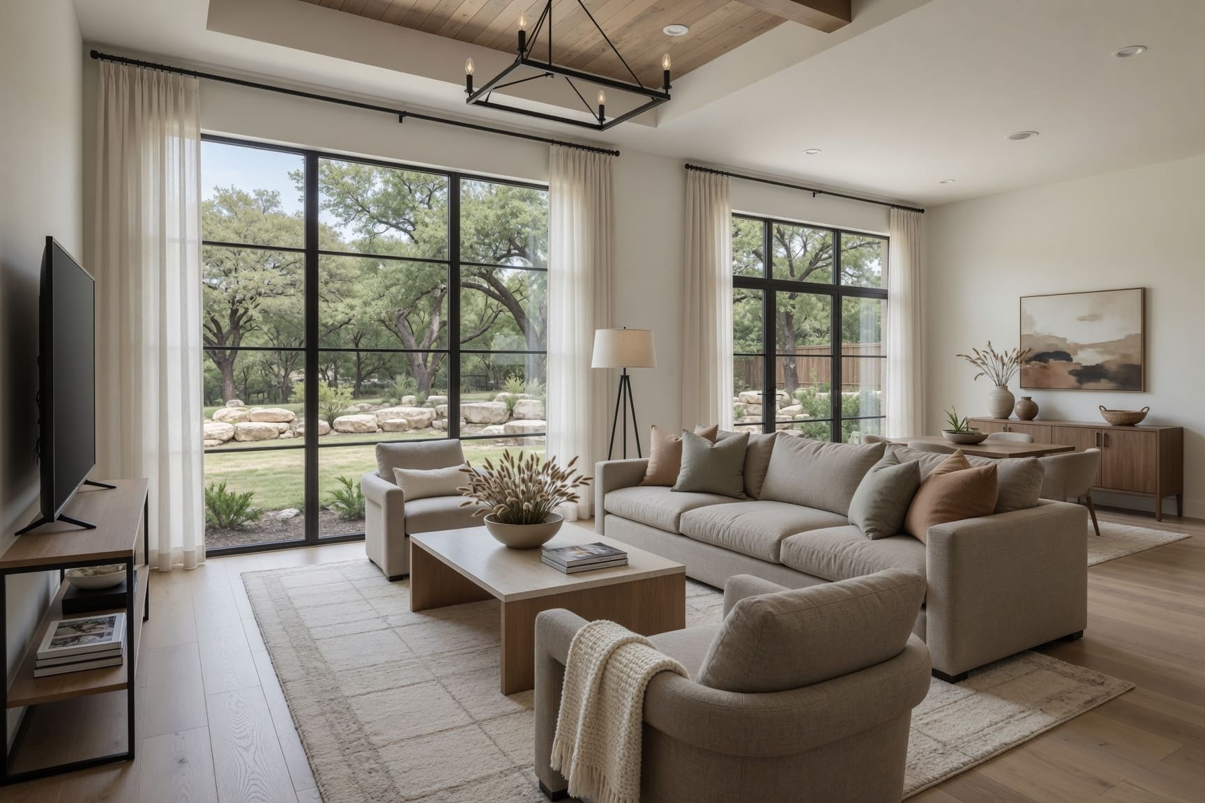 Living room with black frame windows and Hill Country views