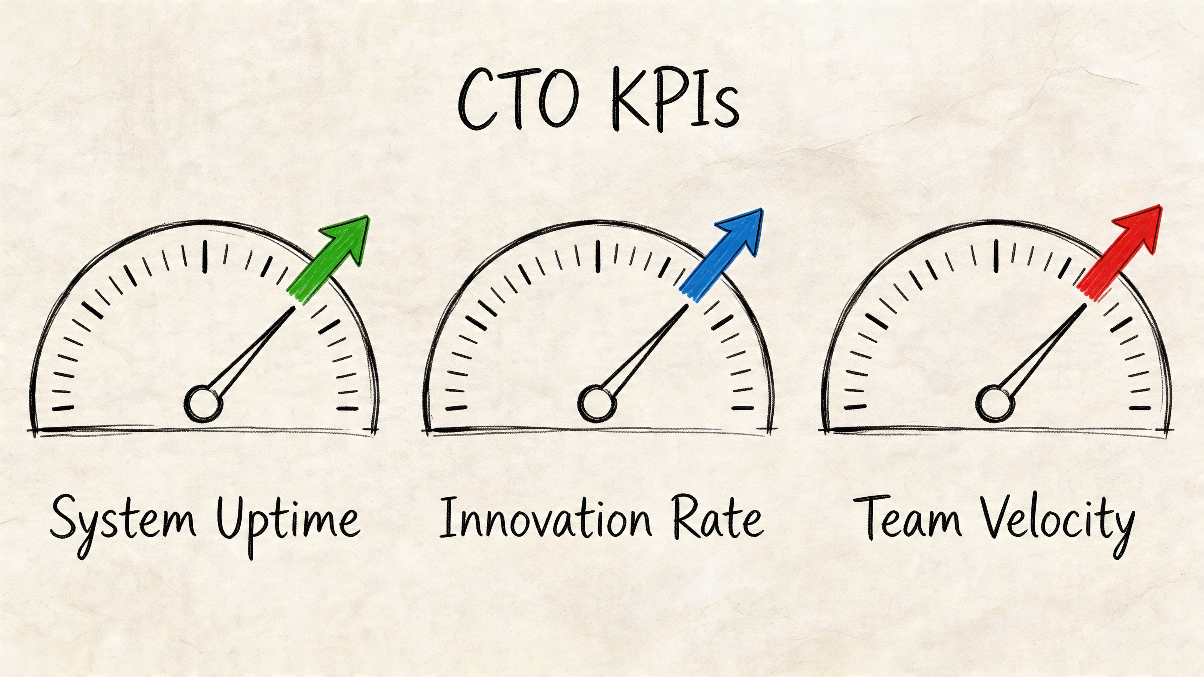Hand-drawn style illustration showing three gauges representing CTO KPIs: System Uptime, Innovation Rate, and Team Velocity.