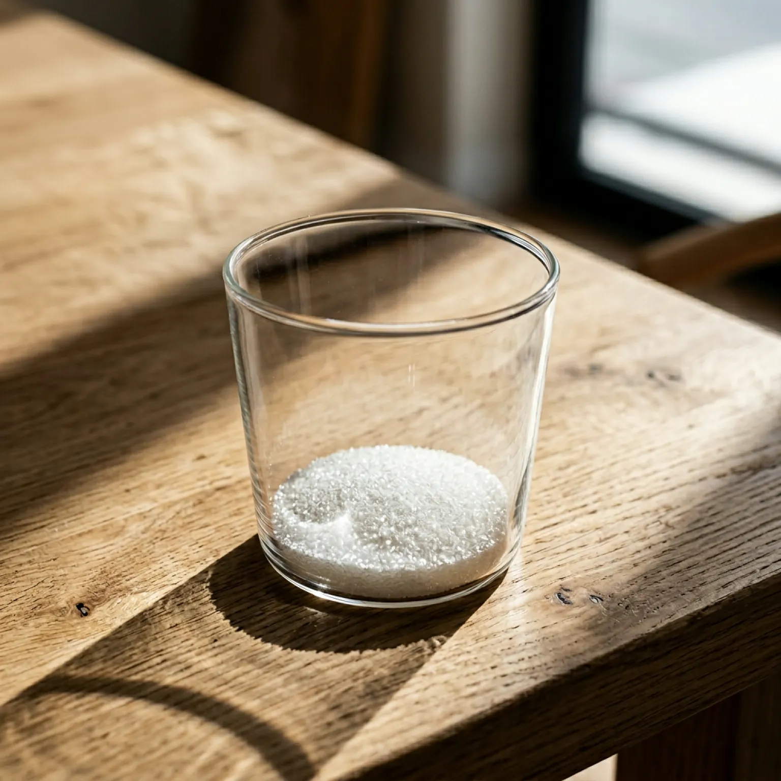 White sugar crystals at the bottom of a glass on a wooden table, with sunlight creating long shadows.