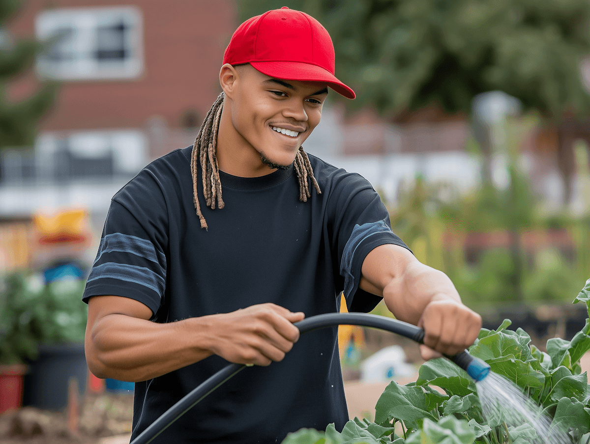 young man holding watering farm