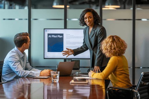 A consultant participating in a team meeting, providing fractional AI advisory support alongside company leaders.