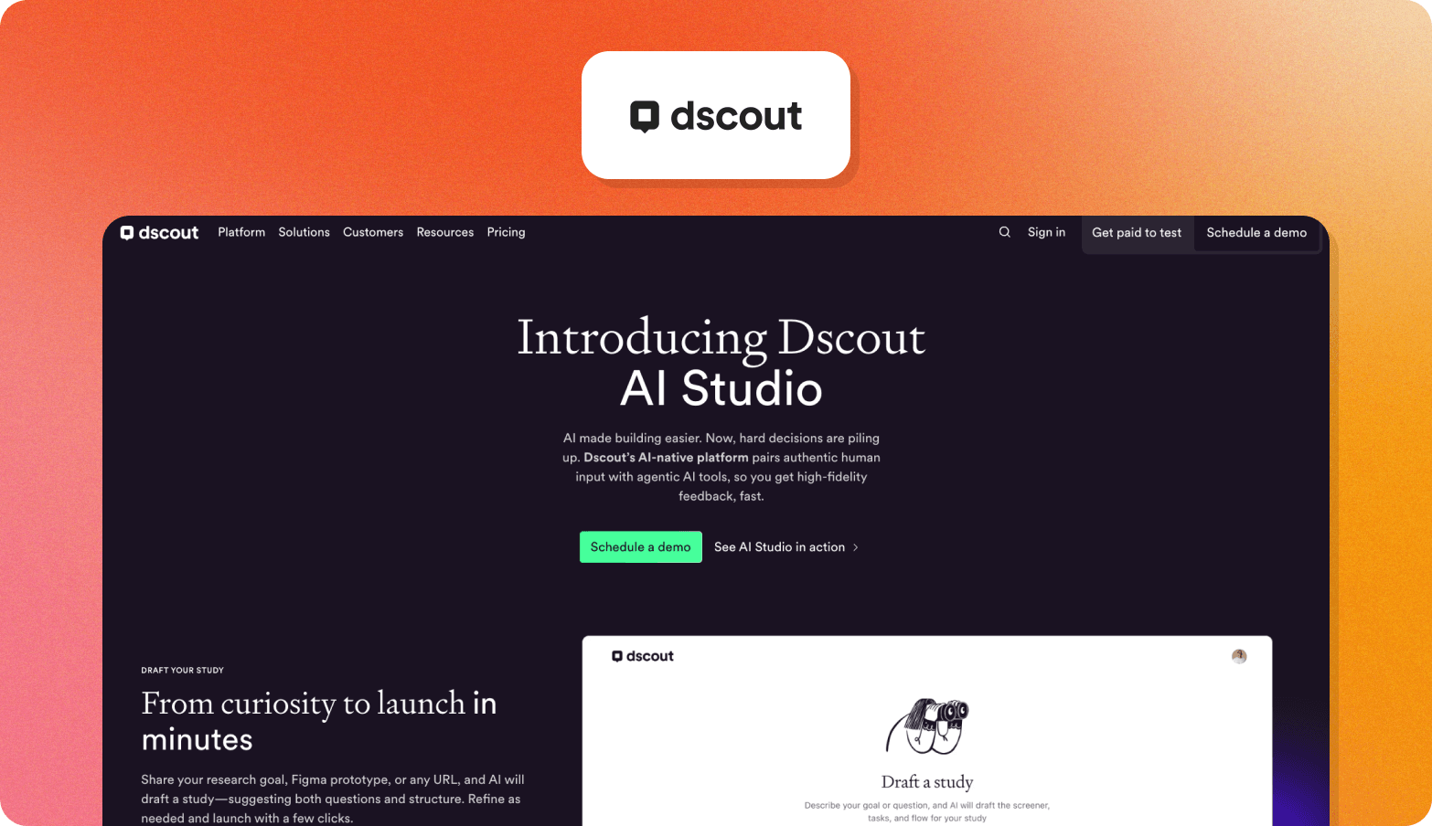 Screenshot of the dscout website homepage, announcing "Dscout AI Studio" with a dark hero section and a preview card for drafting a study using AI.