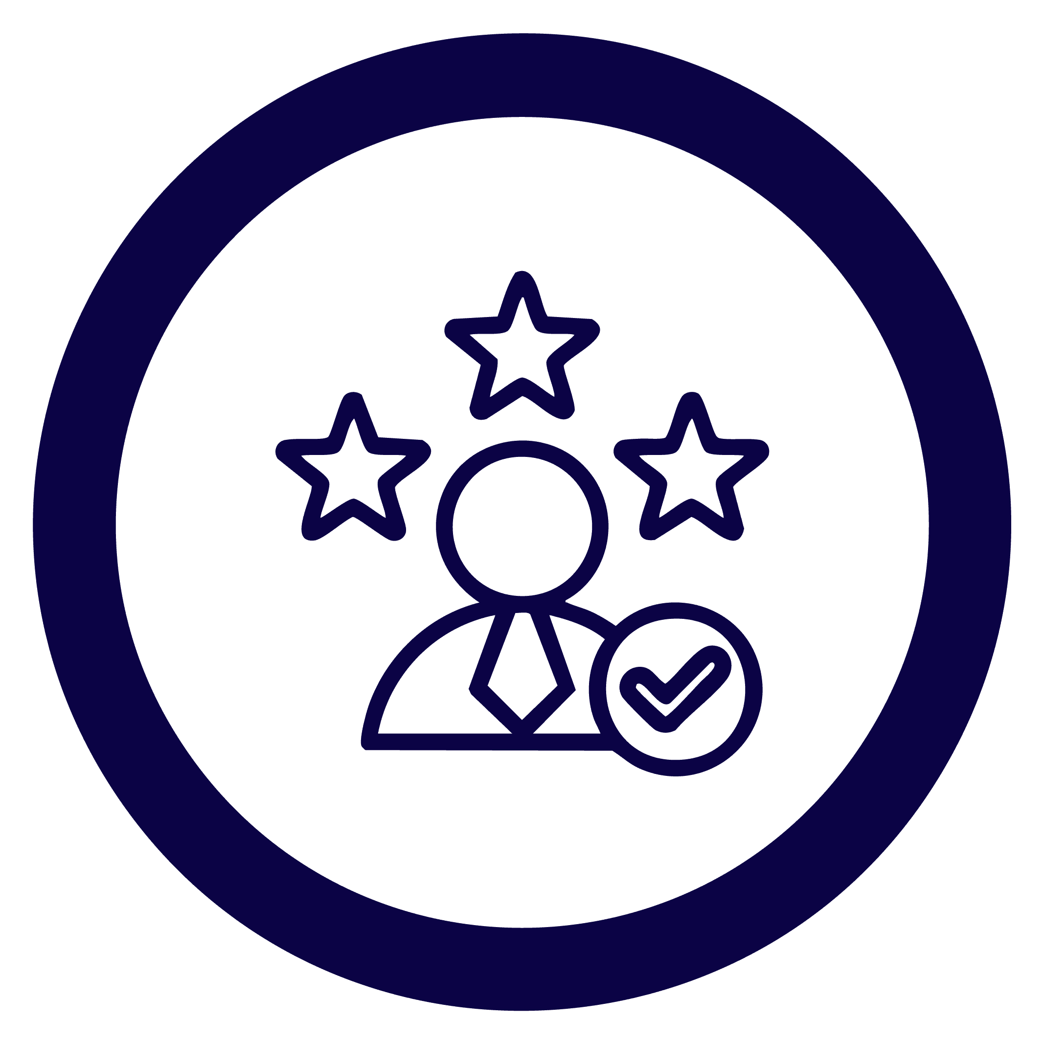 circle icon in blue of a person with three starts abover them and a badge with a tick on it