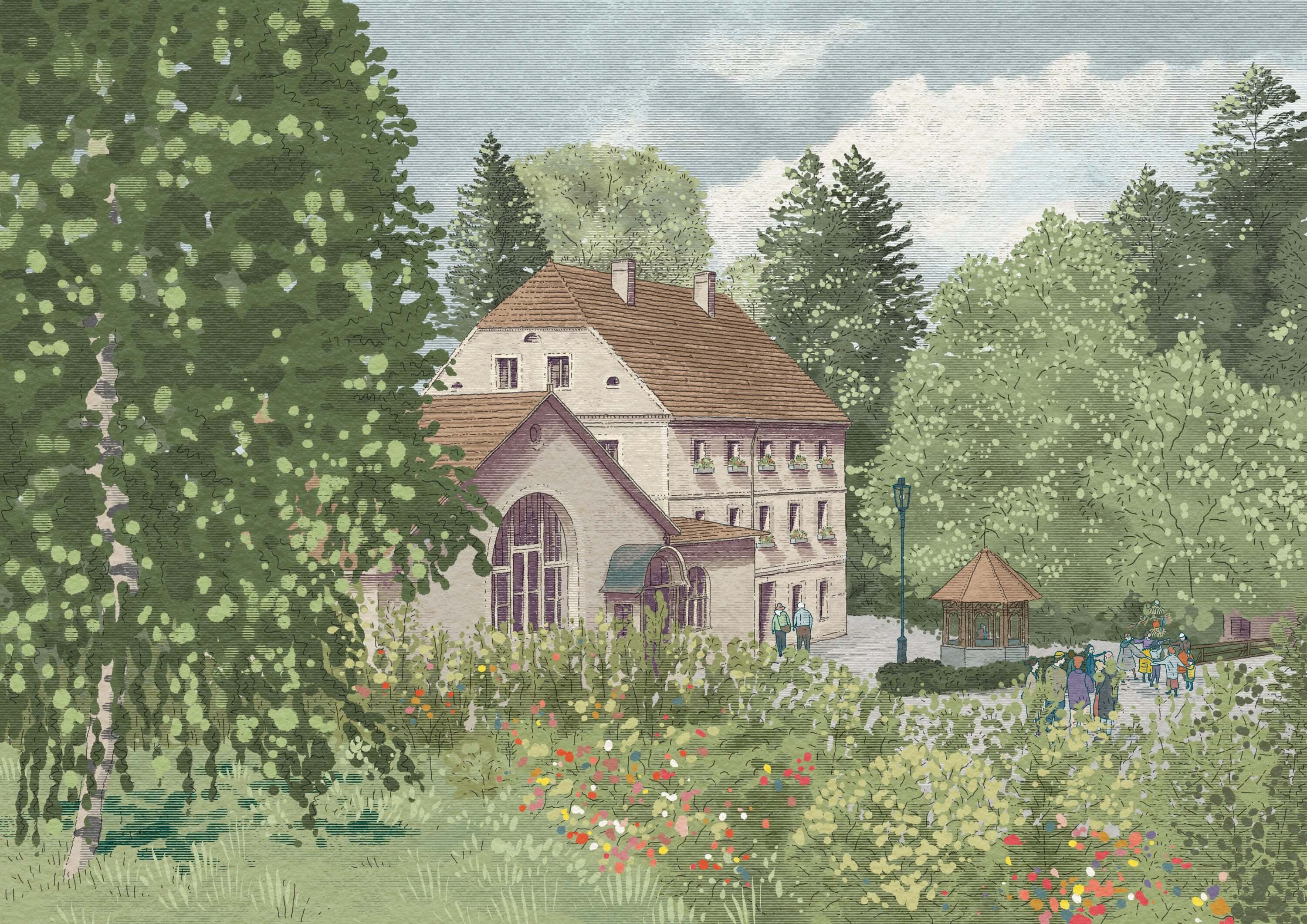 A quaint house surrounded by lush greenery and trees under a cloudy sky, depicting a serene countryside scene.