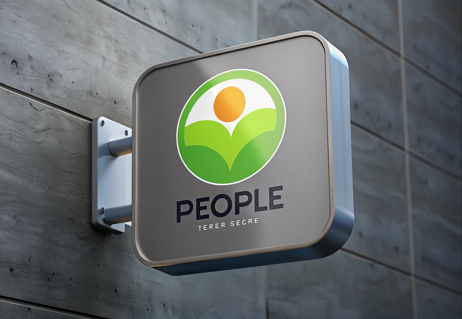 A modern, illuminated wall-mounted sign displays a stylized logo of an abstract person symbol in green and orange, accompanied by the brand name "PEOPLE" and smaller text below, against a textured gray wall background.