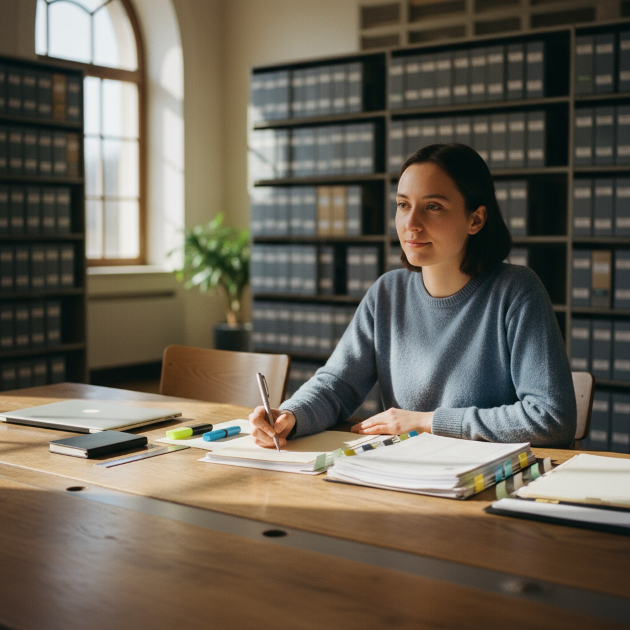 On a large wooden table, neatly arranged forms, checklists, and tabs are laid out. A person carefully reviews entries and places a small checkmark on the paper. In the background, archive boxes are lined up in orderly patterns. The scene appears organized, transparent, and reliable.