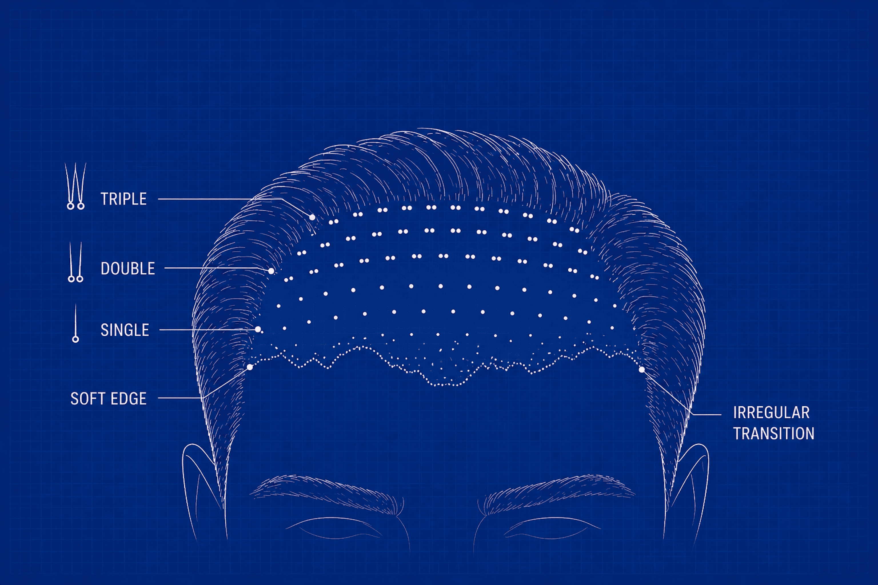 Blueprint-style hair transplant diagram showing how single-, double-, and triple-hair grafts are placed from the soft frontal edge backward to create a natural hairline density gradient.