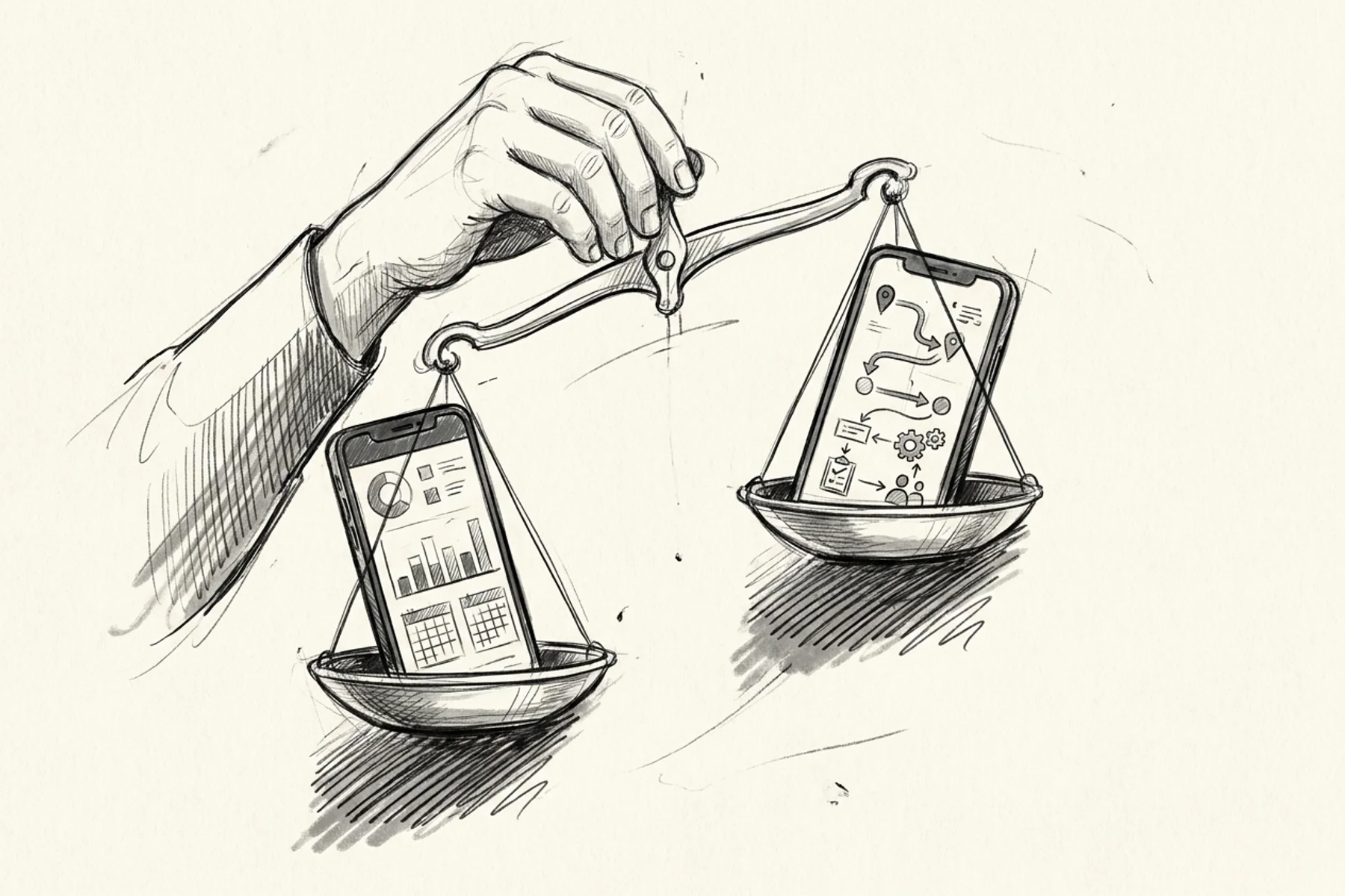 Housecall Pro vs Jobber — hand-drawn sketch of a balance scale with two smartphones, representing the decision-making process between field service management software platforms for small contractors