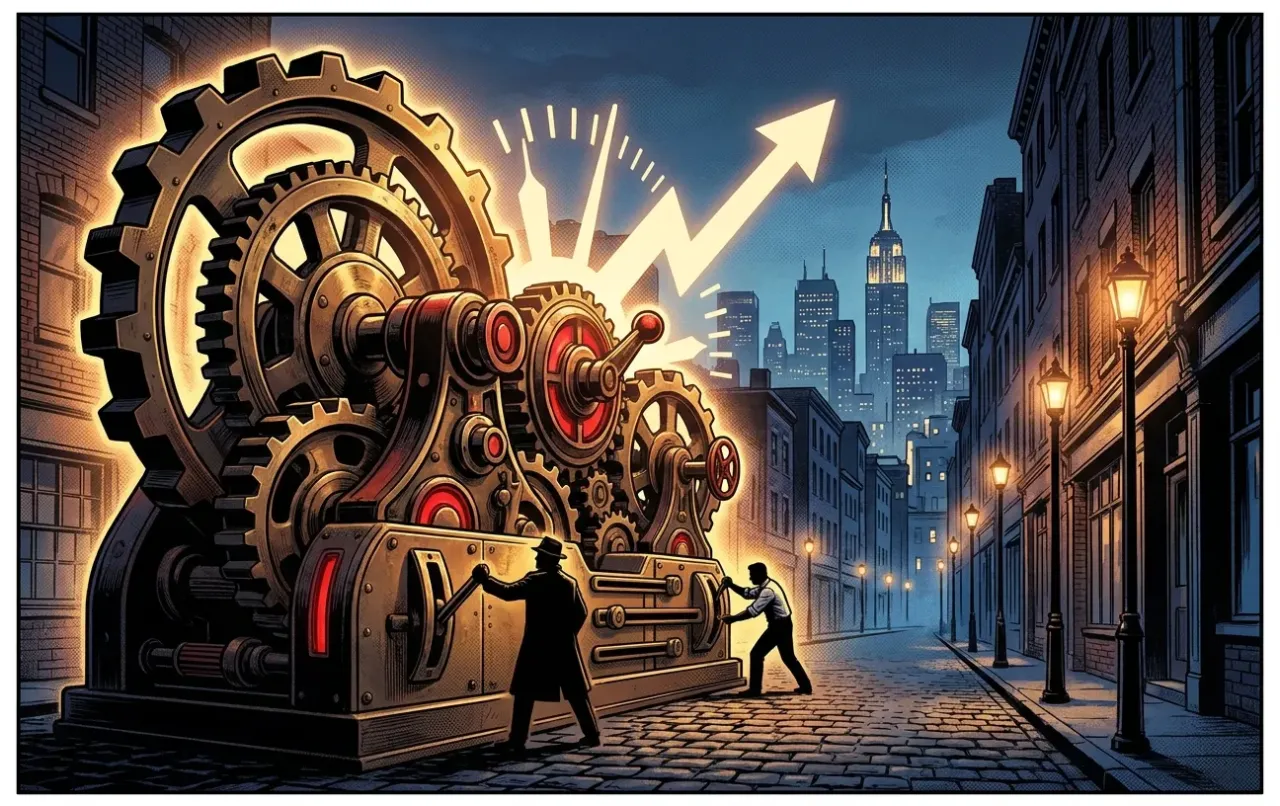 RockN' Socials' digital marketing gears power growth in a vibrant cityscape.