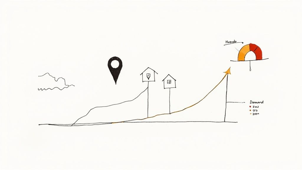 Hand-drawn diagram depicting housing demand, houses on a rising slope, and a location pin.