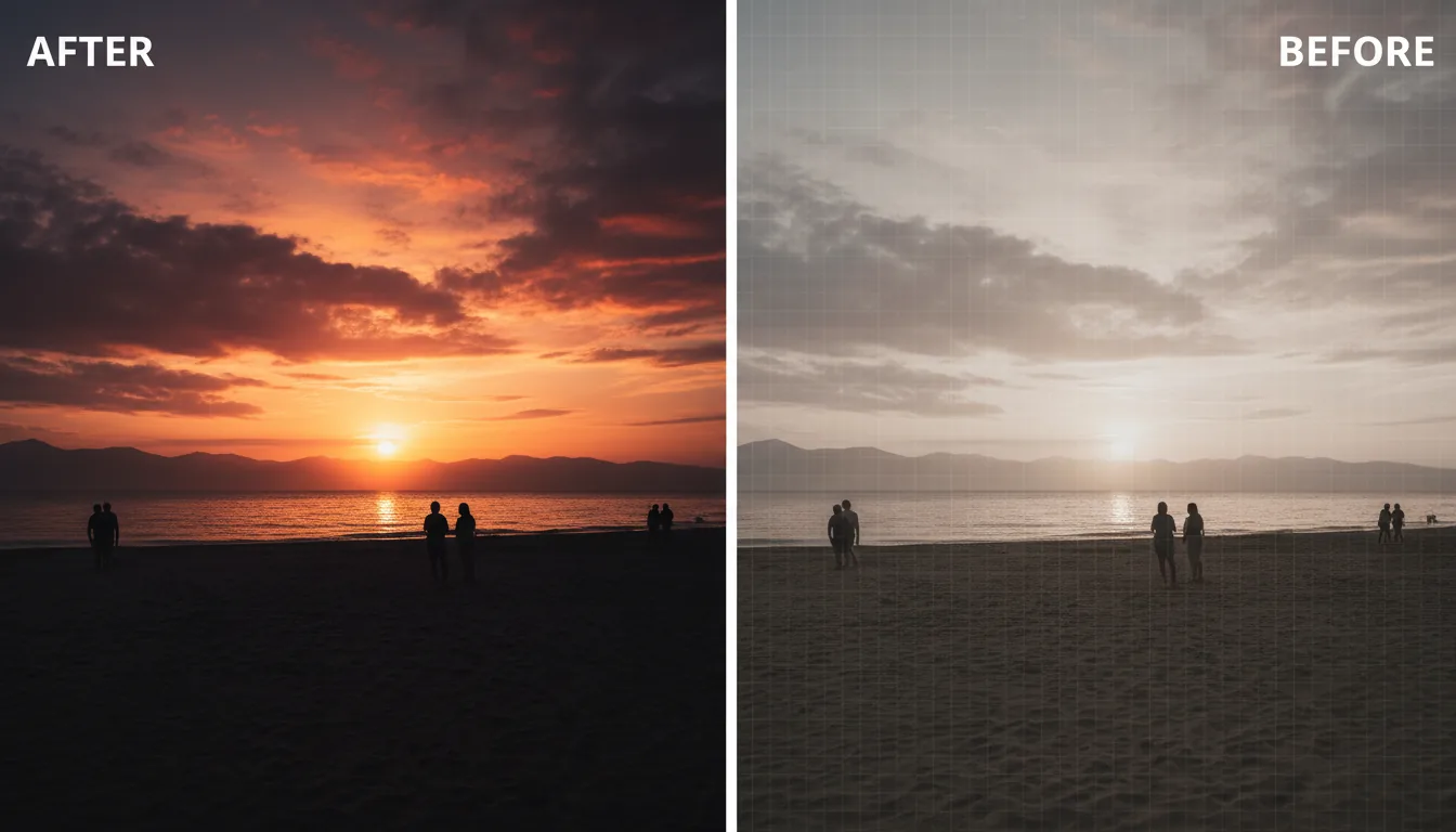 A split-screen, before-and-after comparison of professional video color grading. The image is a wide-angle DSLR photograph of a beach at sunset, with distant mountains across the water and silhouettes of people on the sand. The left side is the 'after' shot, showcasing a dramatic, cinematic look with high contrast; the sky is filled with fiery orange and magenta clouds, and the foreground beach is a deep black silhouette. The right side is the 'before' shot, showing flat, ungraded LOG footage with desaturated, muted colors, low contrast, and hazy details visible in the sand and mountains.