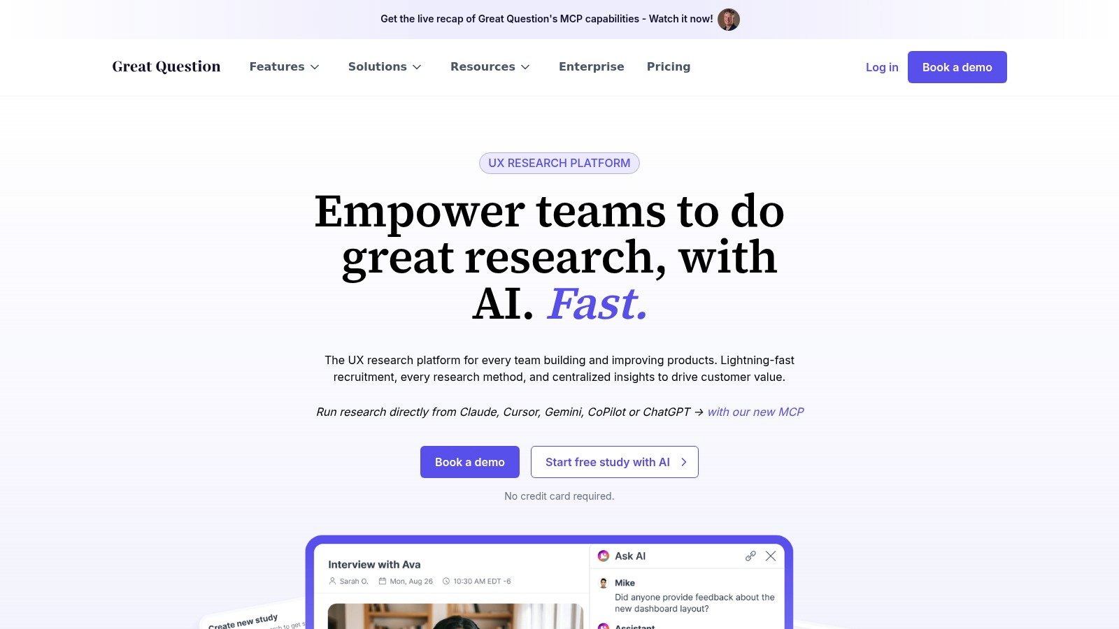 Great Question research repository and interviews