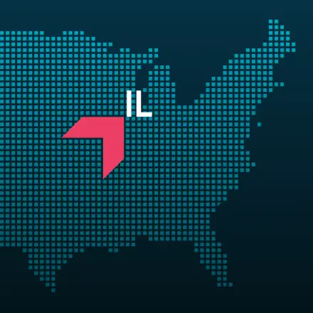 Map highlighting Illinois with a red arrow, representing GIA Group, LLC truck insurance coverage area.