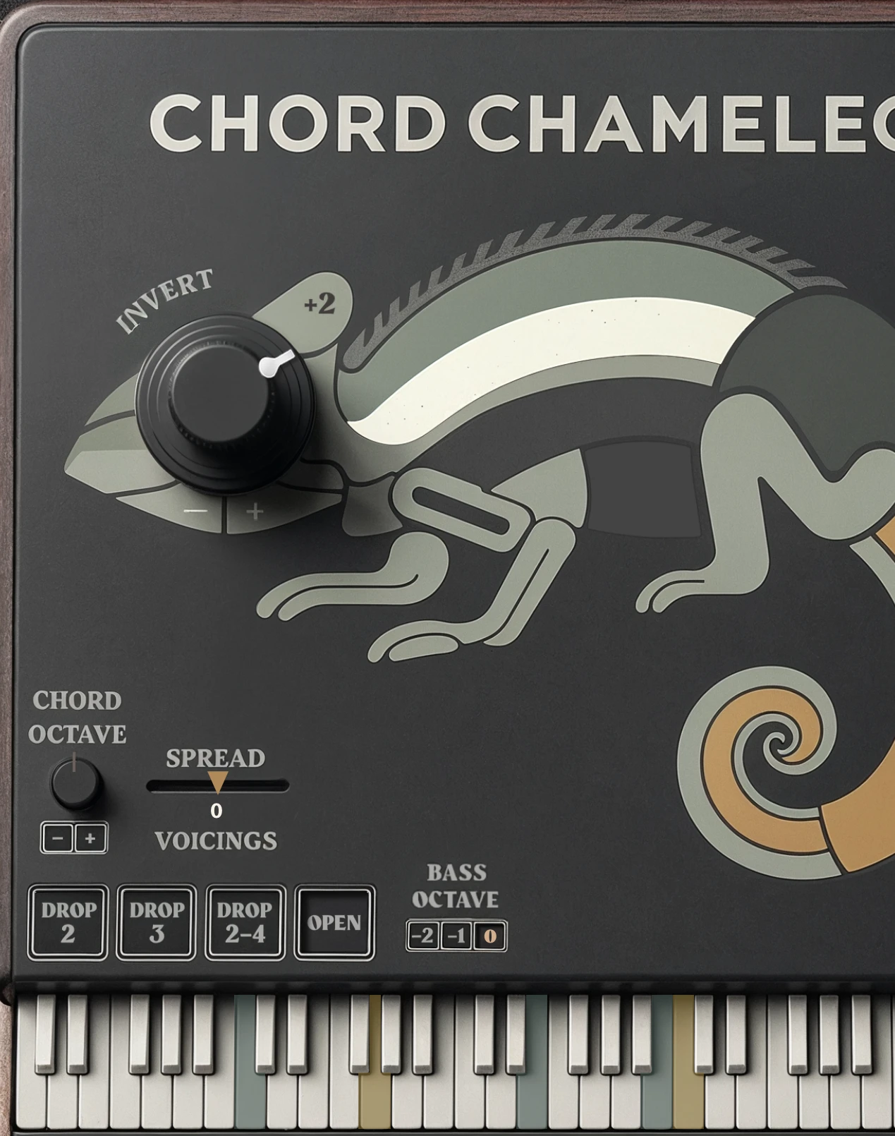 A close crop of the plug-in in its Dark Theme: the Invert knob set as the chameleon’s eye, with Chord Octave, Spread, Voicings and the Drop and OPEN buttons below