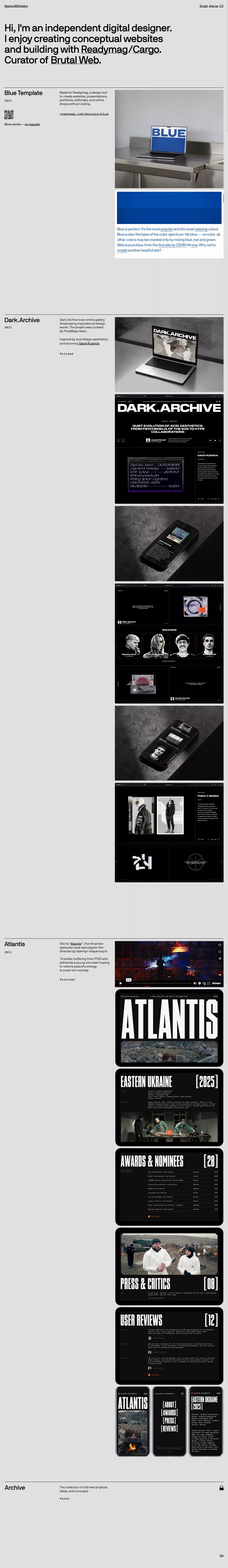 Sasha Mikhedov portfolio page screenshot showcasing Design and Tech design