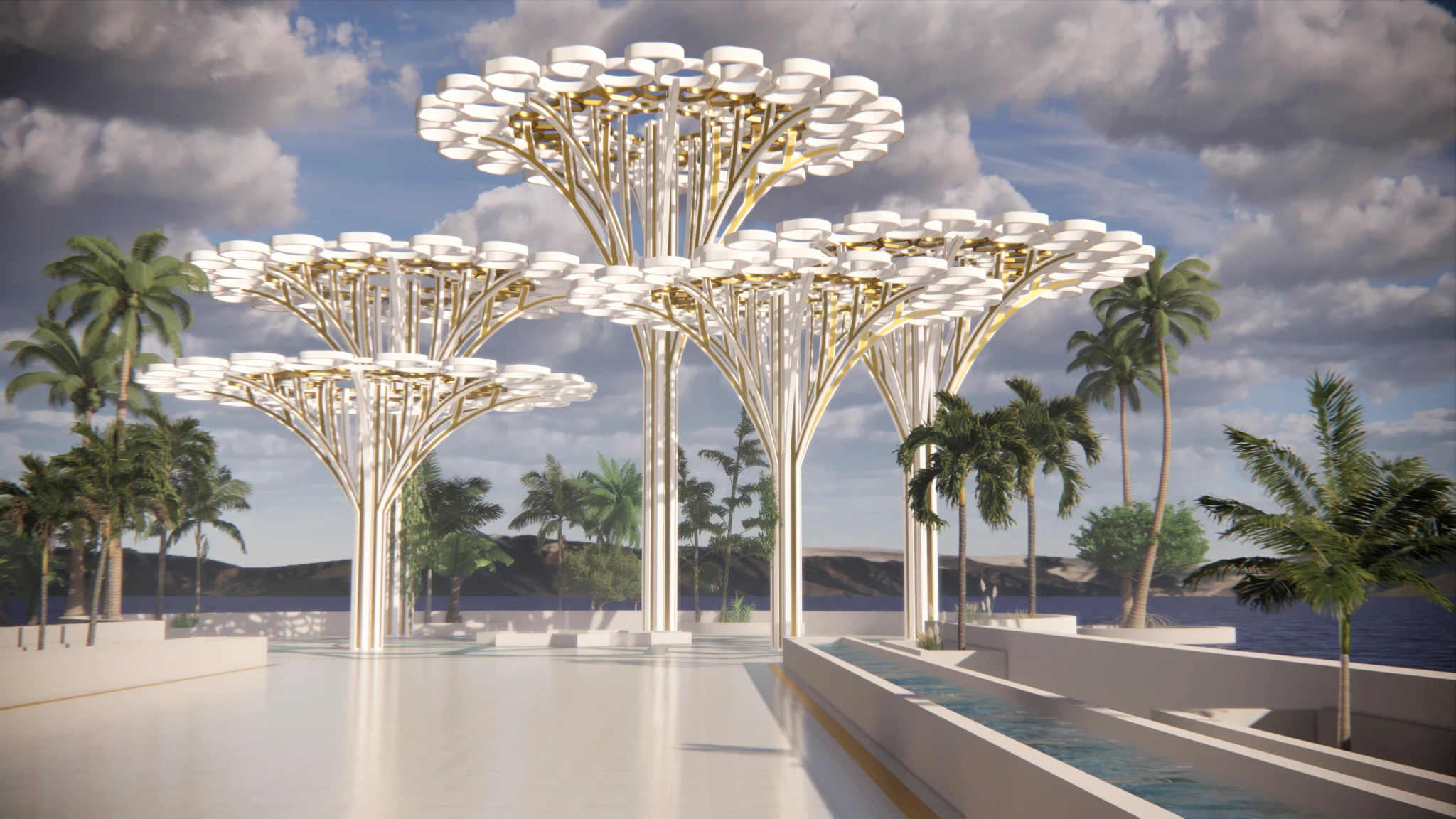 An Arabic landscape filled with golden structures