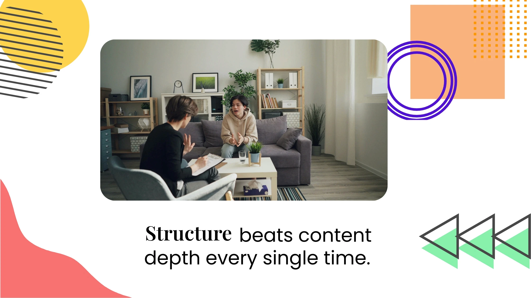 Small group coaching session at a table, alongside text about structure mattering more than content depth.