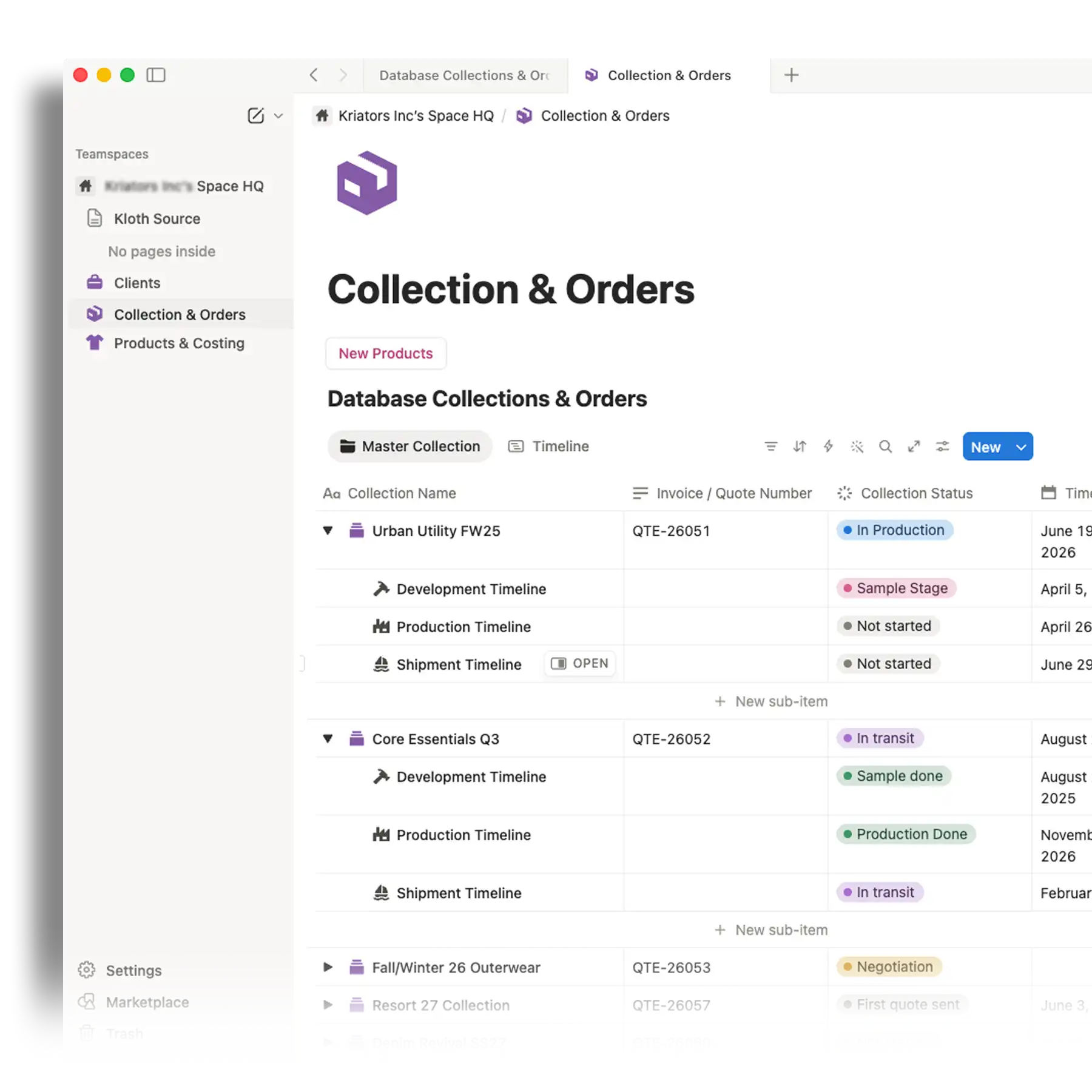 A client portal dashboard for MAC operating system. Its showing all the details about collection and orders. The collection name invoice numbers, collection status in different stages. In the left side the client portal manu is availabe where its says kloth source, clients, collection and orders, products and costings