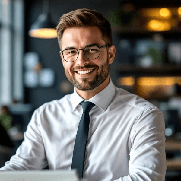 Smiling businessman sitting at his desk in an office