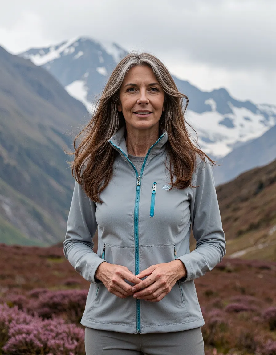 Person in light gray athletic jacket with teal accents standing in mountain landscape with snow-capped peaks and purple heather in foreground