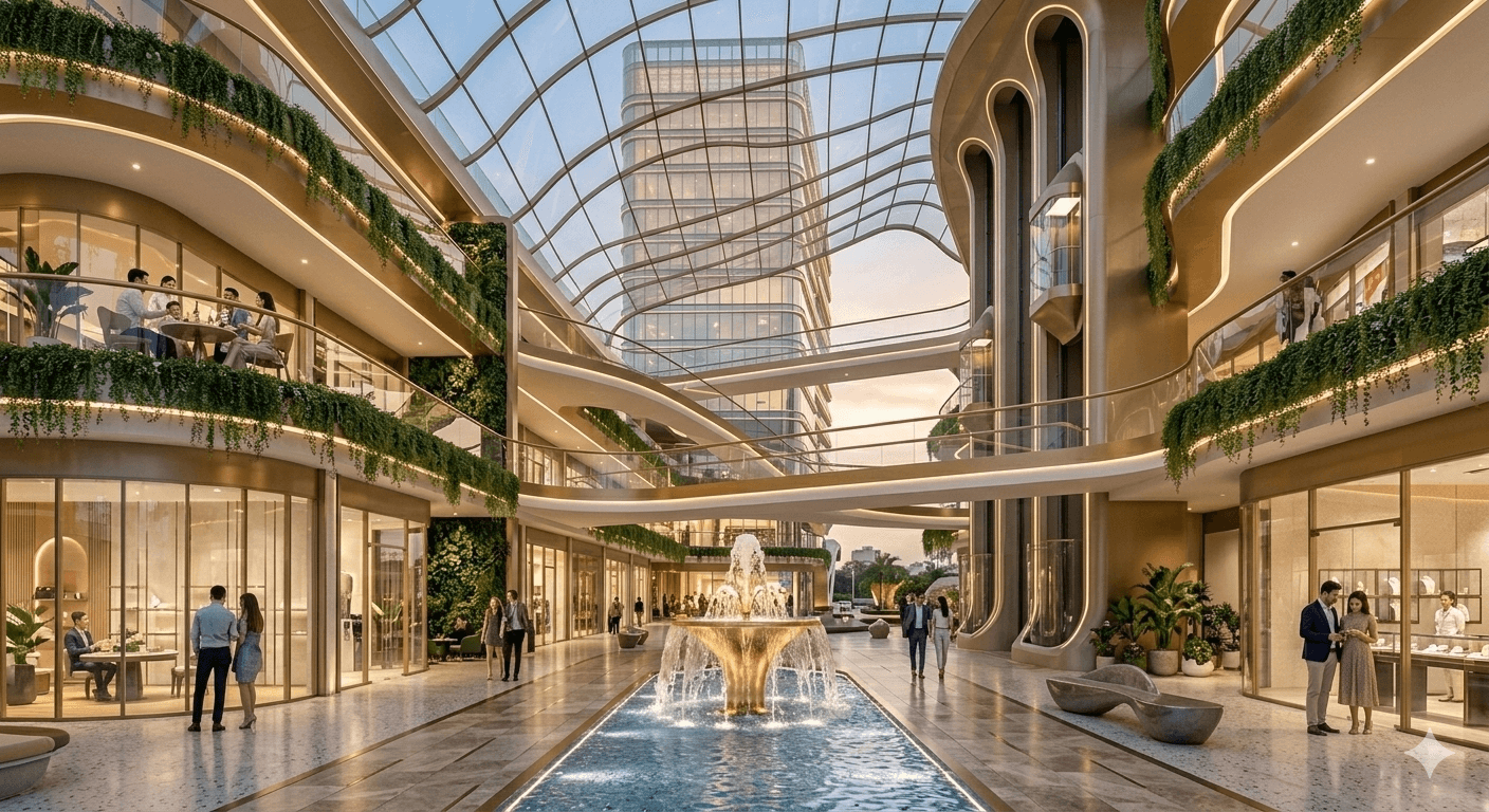 Upscale open-air retail courtyard with a central golden fountain and premium storefronts in a Gurugram commercial hub