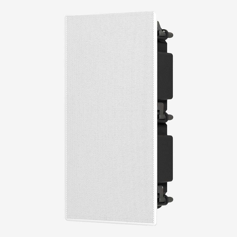 White in-wall speaker with black mounting hardware
