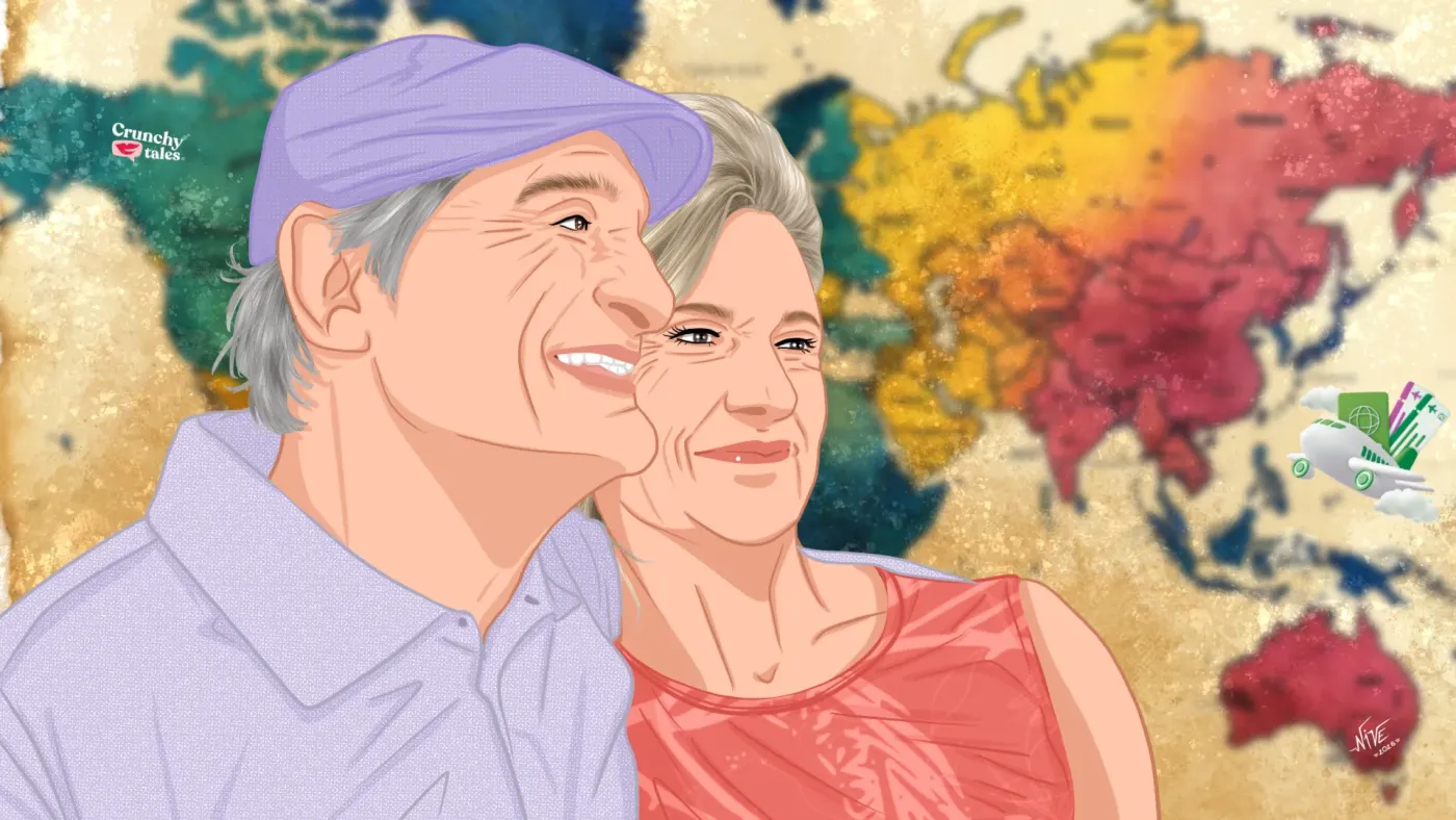 Drawing of retired couple looking at a map