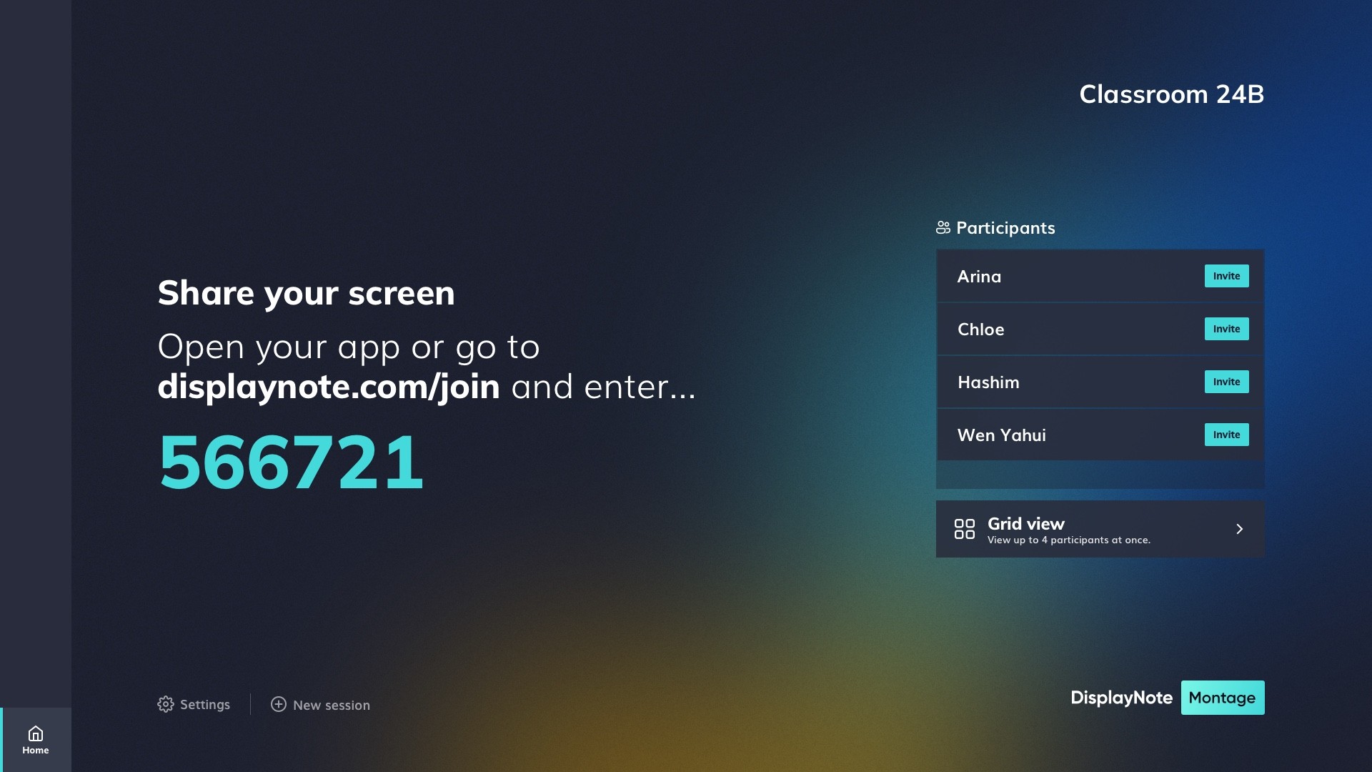 The Montage receiver home screen showing four connected participants with Moderator Mode enabled