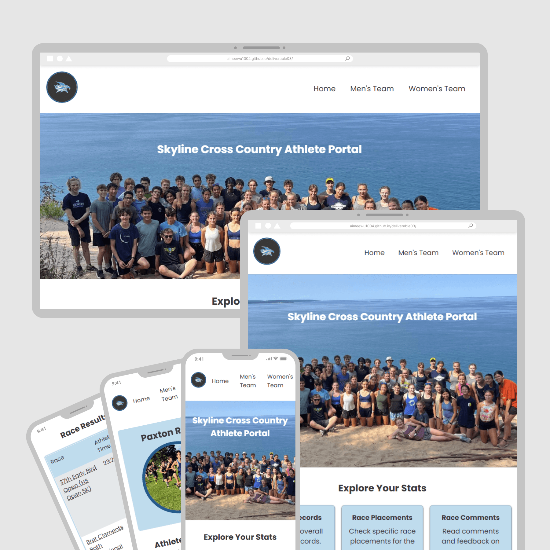 skyline high school cross country website mockup with landing page shown on desktop, tablet, and mobile screens