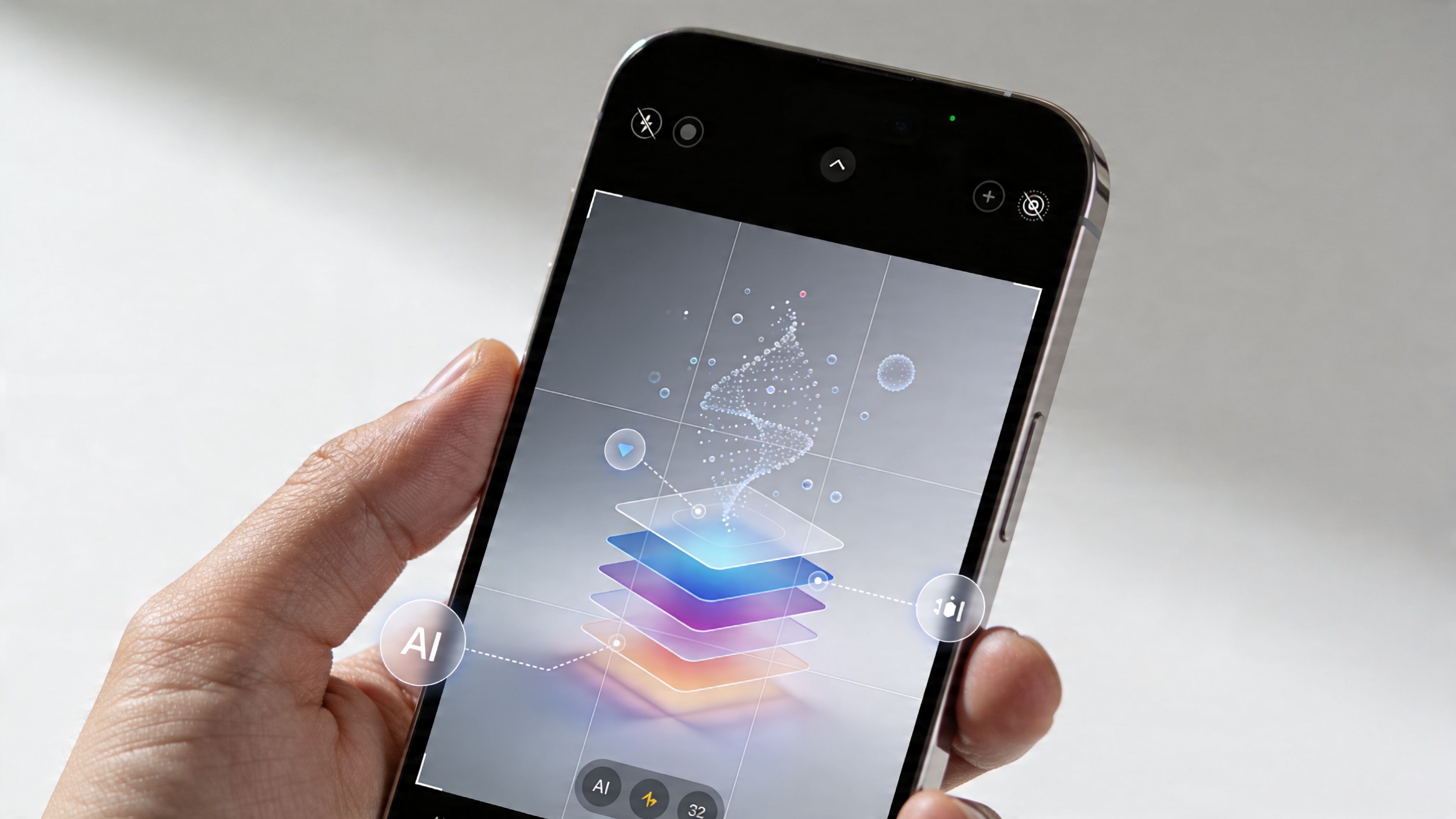 Eine Hand hält ein Smartphone, das eine App zur Analyse von Bildschichten mittels künstlicher Intelligenz zeigt.