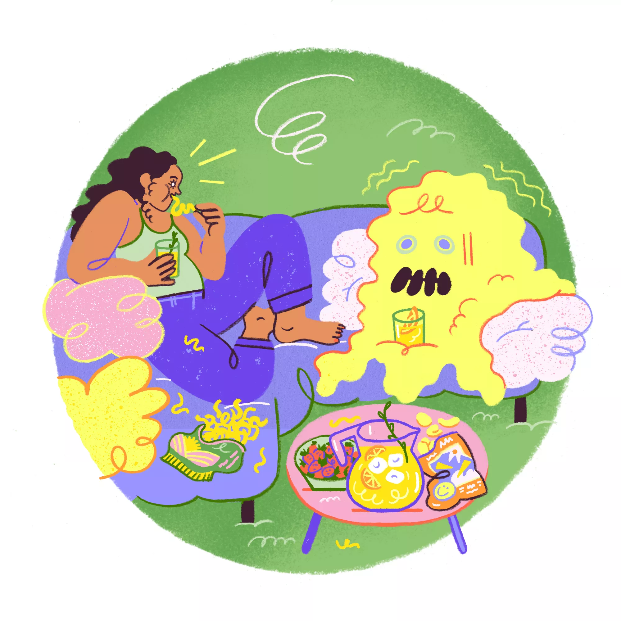 Illustration of a woman on a couch, surrounded by colorful emotion monsters.