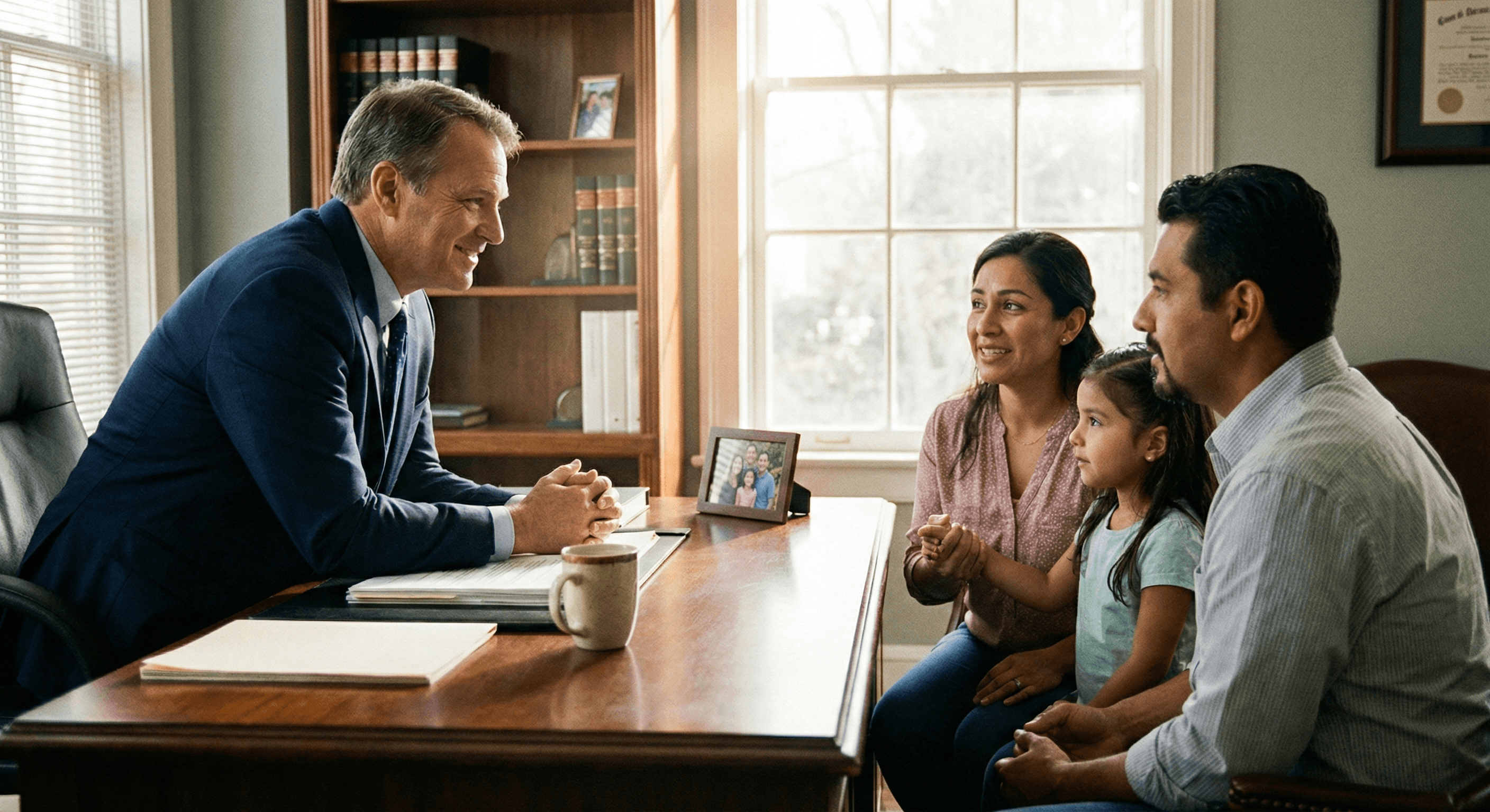 A lawyer consulting with a Hispanic family in a comforting office setting, building the trust essential for hispanic marketing agencies.png