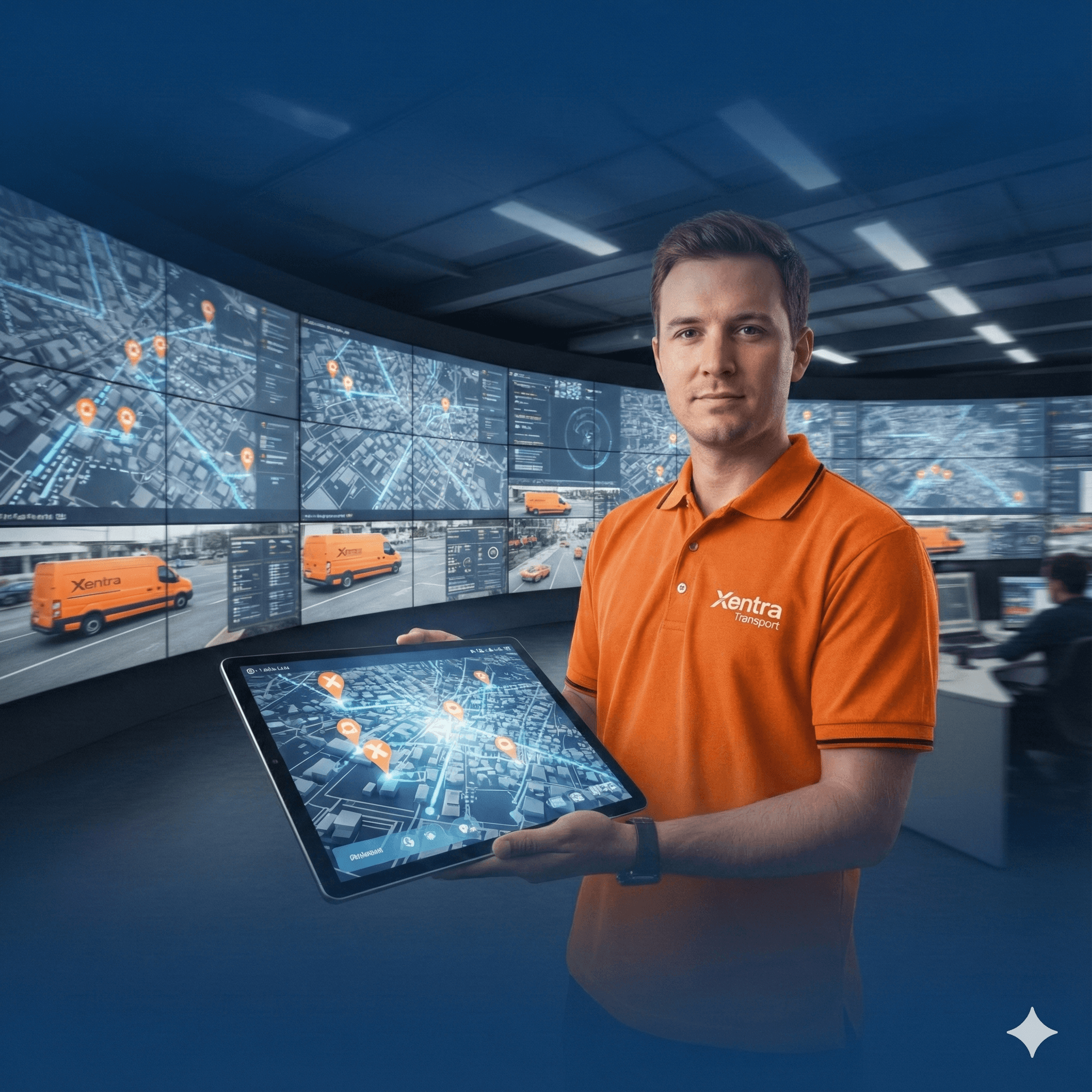 Courier using smartphone to track real-time GPS delivery in office environment