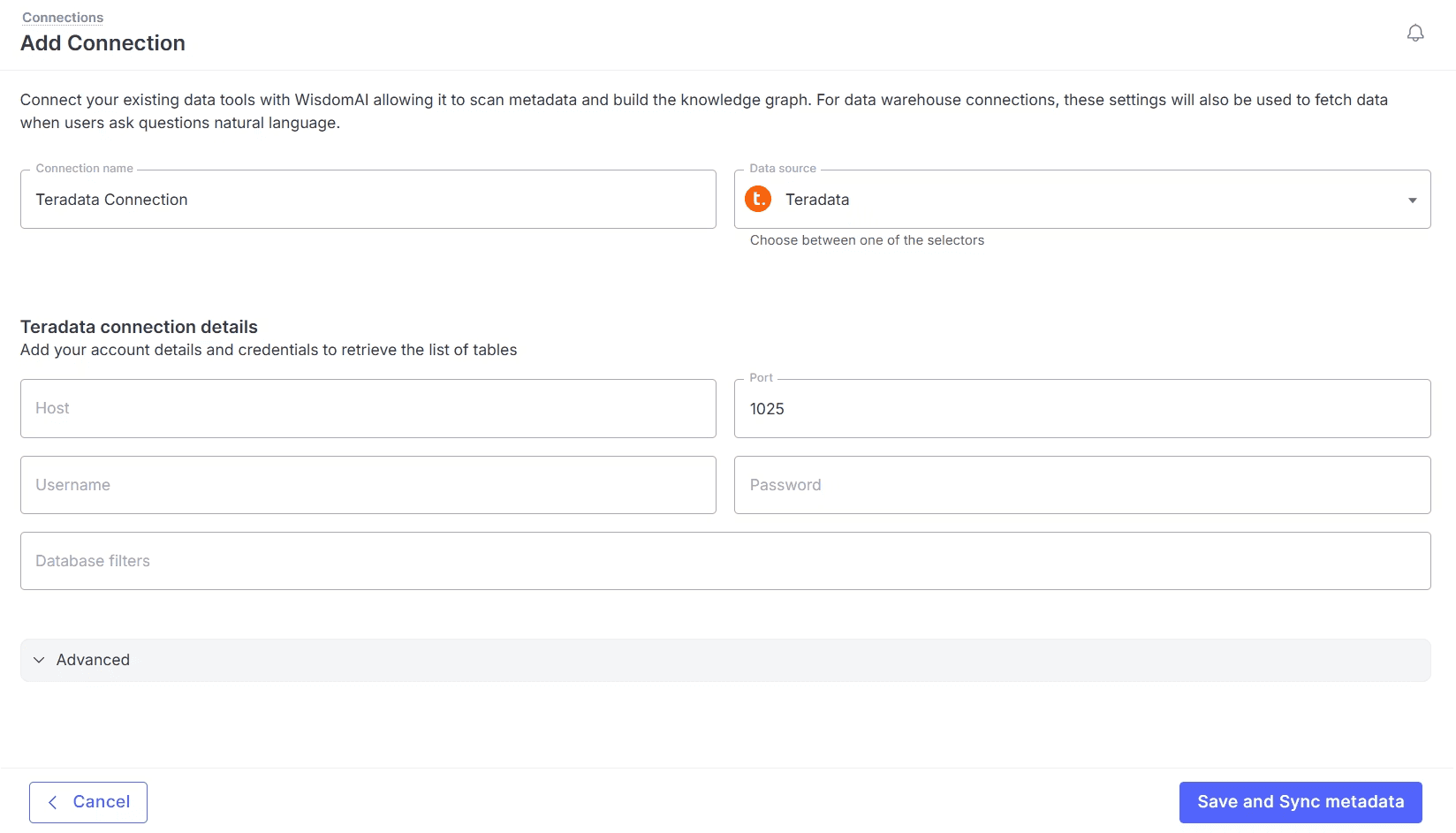 Teradata connector in WisdomAI