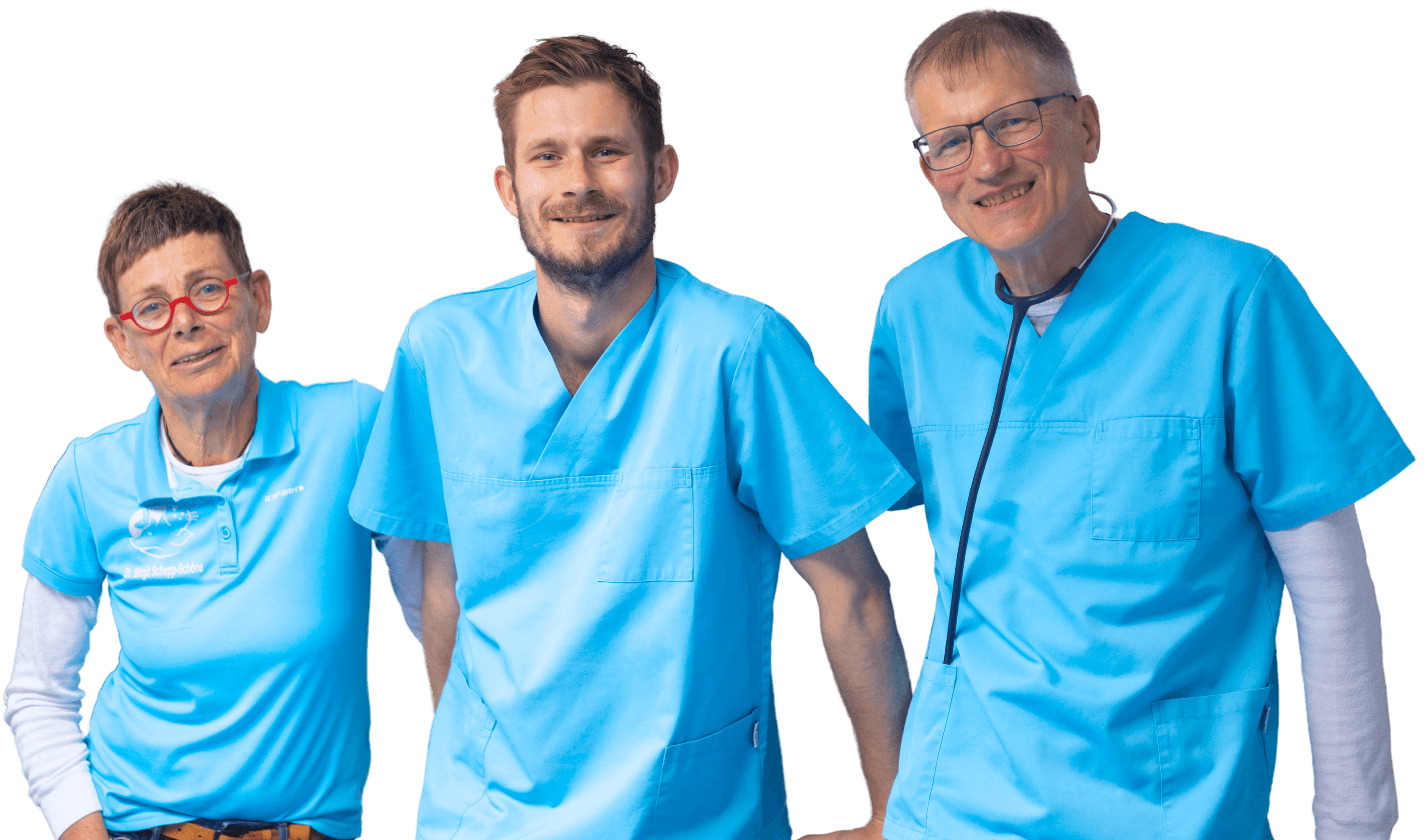 Three smiling medical professionals wear blue scrubs.