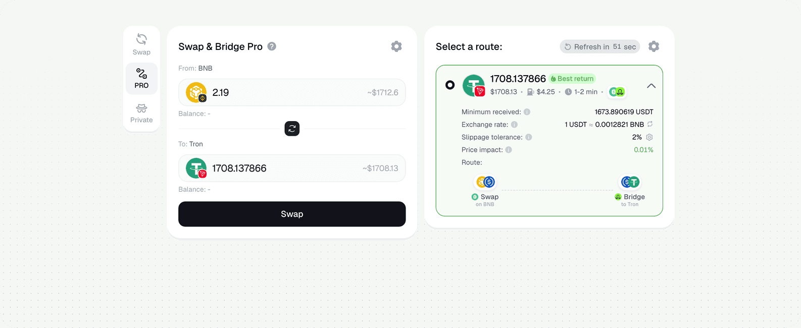 Swap BNB to USDT in Symbiosis PRO mode: 2.19 BNB (BNB Chain) to 1,708.14 USDT (Tron)