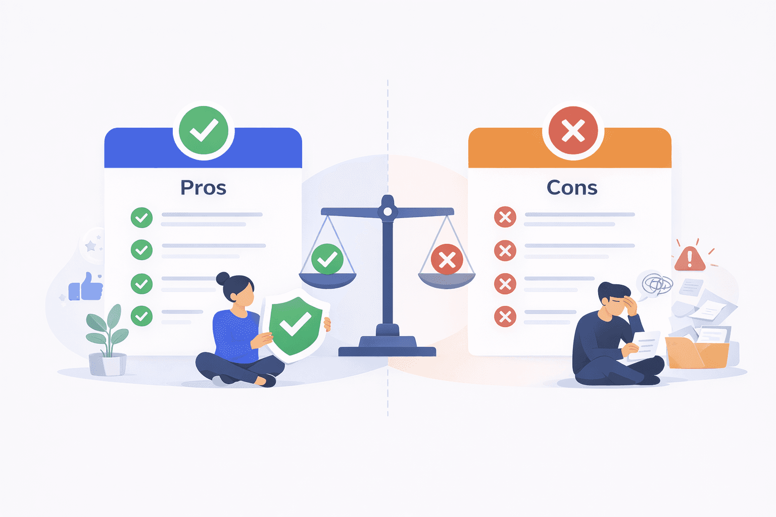 Illustration comparing pros and cons using two side-by-side panels, with a checklist of green checkmarks labeled “Pros” on one side and a list of red X marks labeled “Cons” on the other, balanced by a scale in the center, showing a calm person holding a shield on the pros side and a stressed person surrounded by warnings on the cons side.