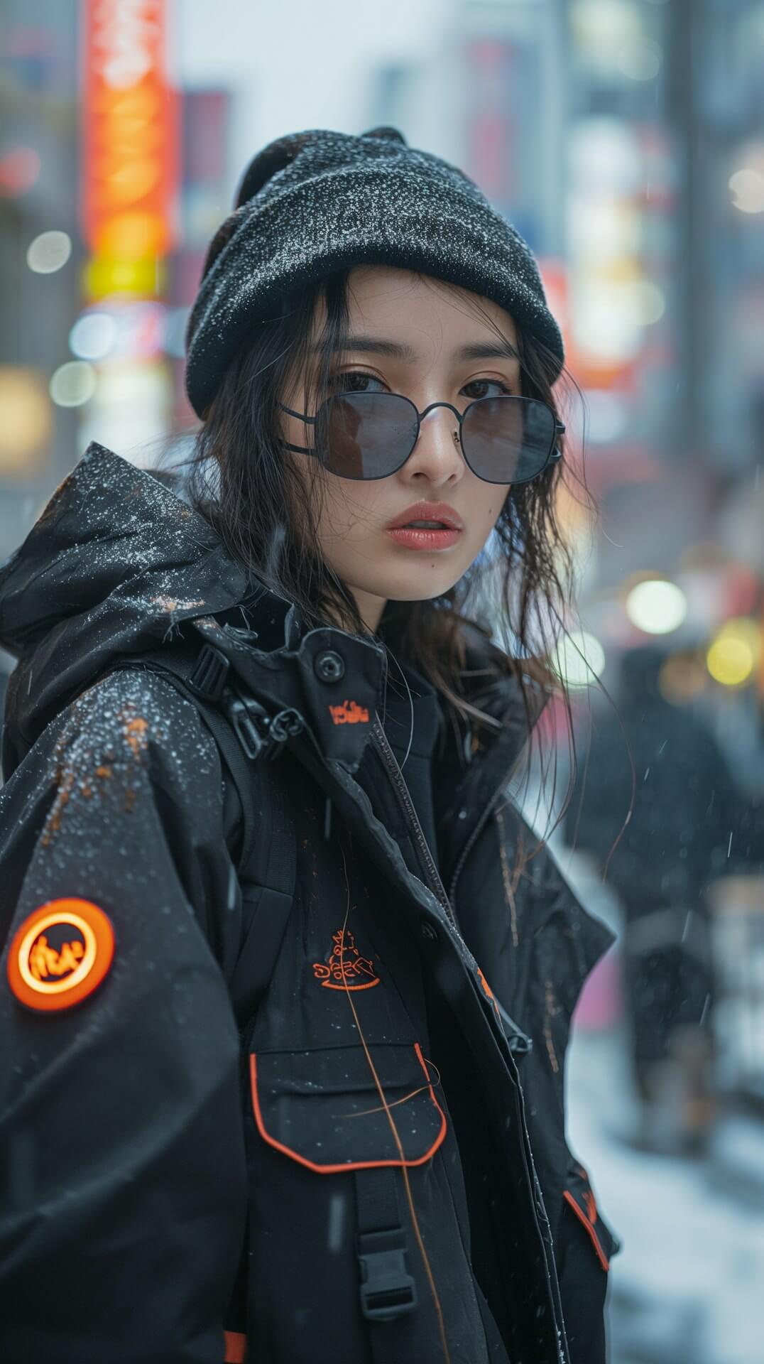 A girl in a black jacket and sunglasses smiles while standing in the snowy landscape