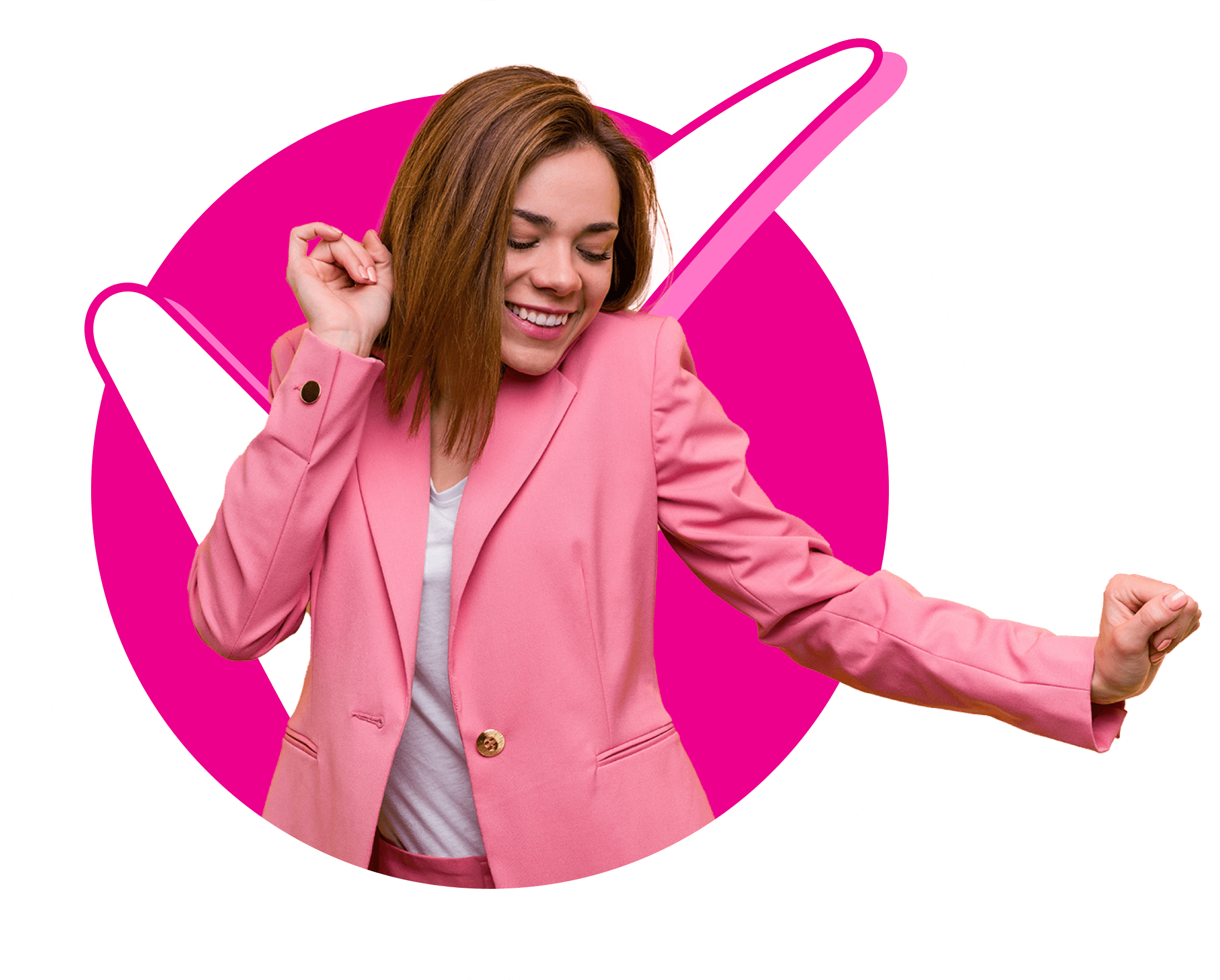 Customer with a tick behind them showing a happy face while dancing on colourful circle background.