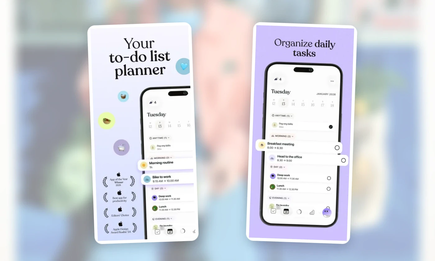 Official Tiimo screens showing a visual daily schedule and tasks.