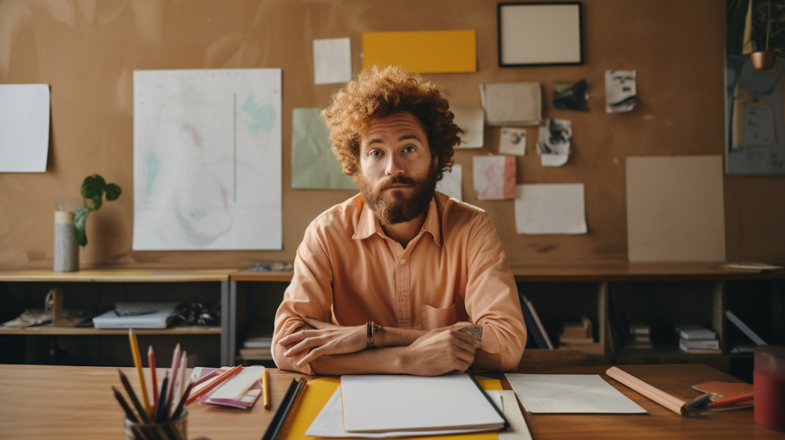 Caucasian man with curly red hair and beard at a desk, surrounded by papers and maps, in a warm-toned creative workspace.