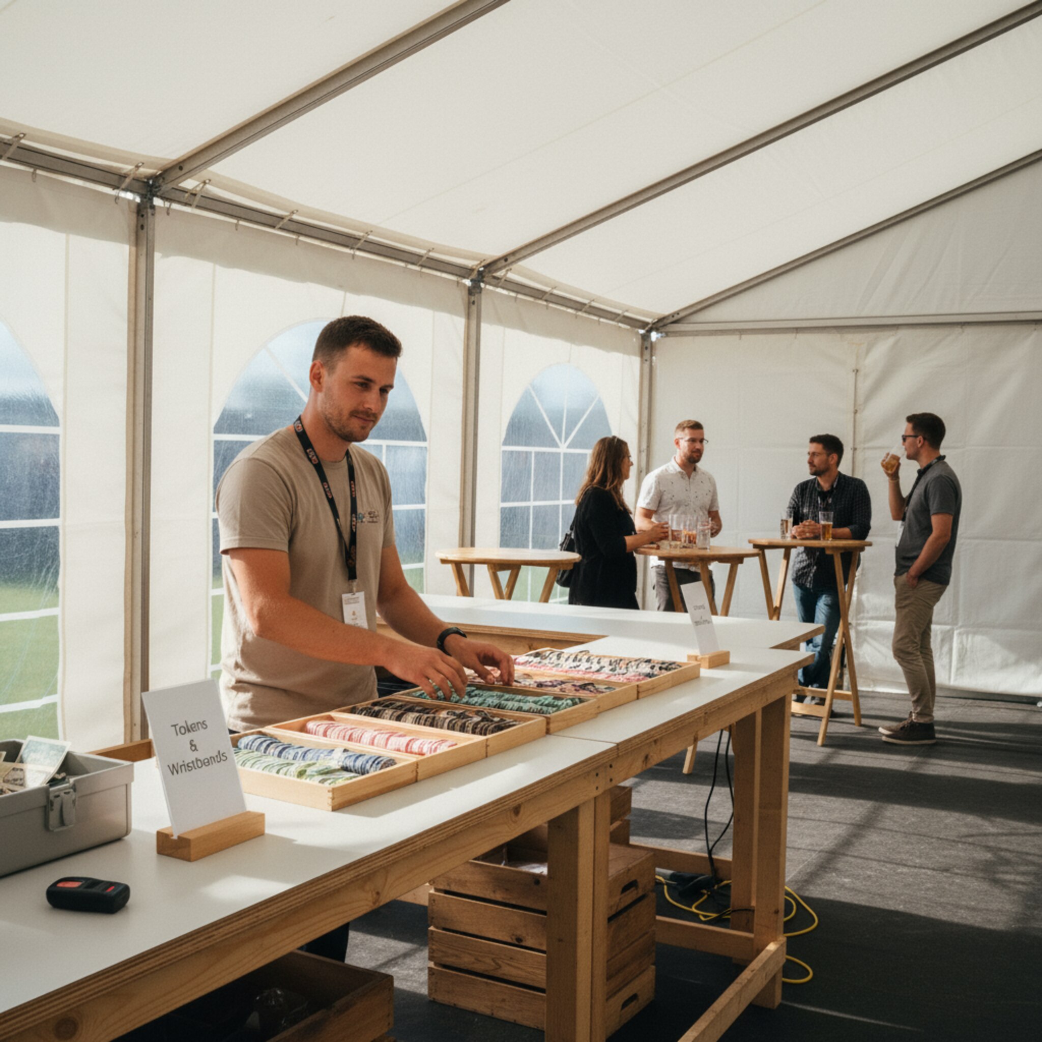 Hinter einer Bar werden Wertmarken und Armbänder sortiert, Sonnenstrahlen fallen durch ein Zelt. Ein Teammitglied zählt ruhig Kontingente, während Gäste nebenan Getränke genießen. Dezente Beschilderung trennt Bereiche. Die Atmosphäre wirkt kontrolliert, freundlich und ertragsorientiert.