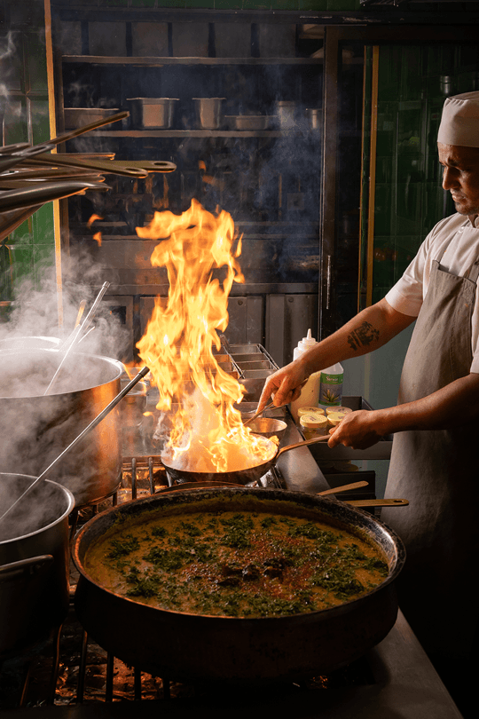 Gourmet dish plated in a black bowl on a dark wooden table.