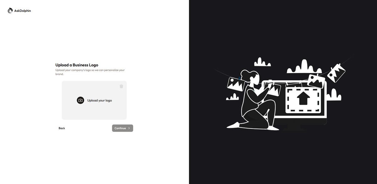 AskDolphin onboarding page showing an upload section for adding a company logo.