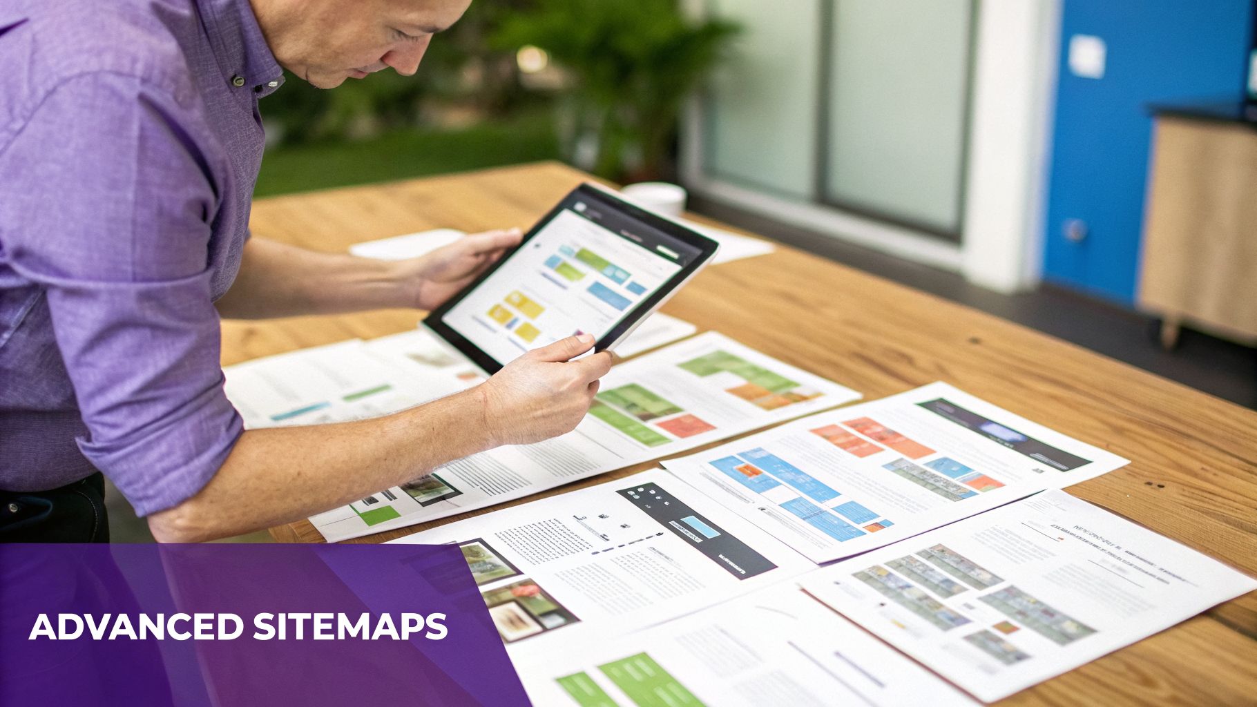A person in a purple shirt examining a tablet and printed website sitemaps on a wooden desk.